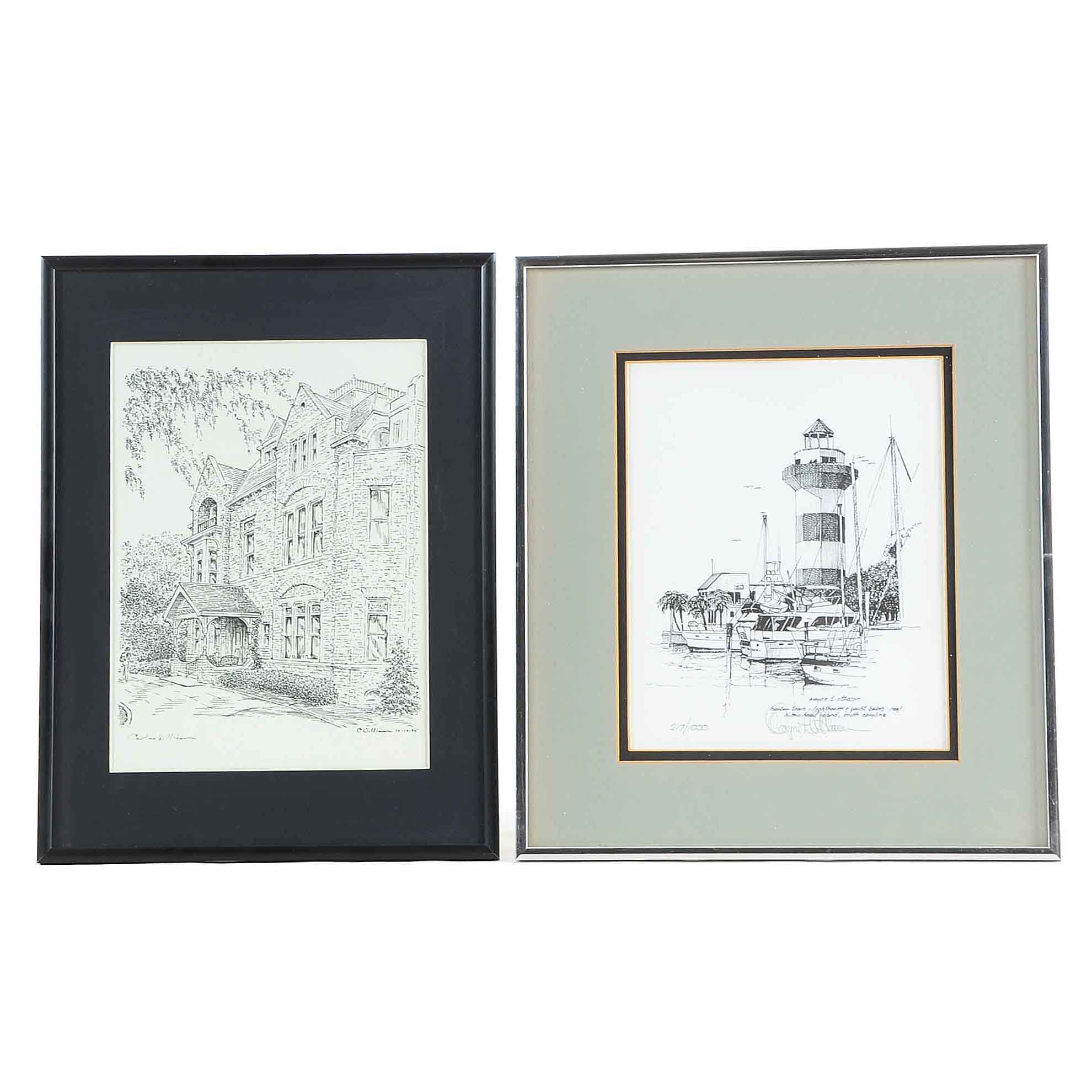 Two Signed Black and White Lithographic Prints