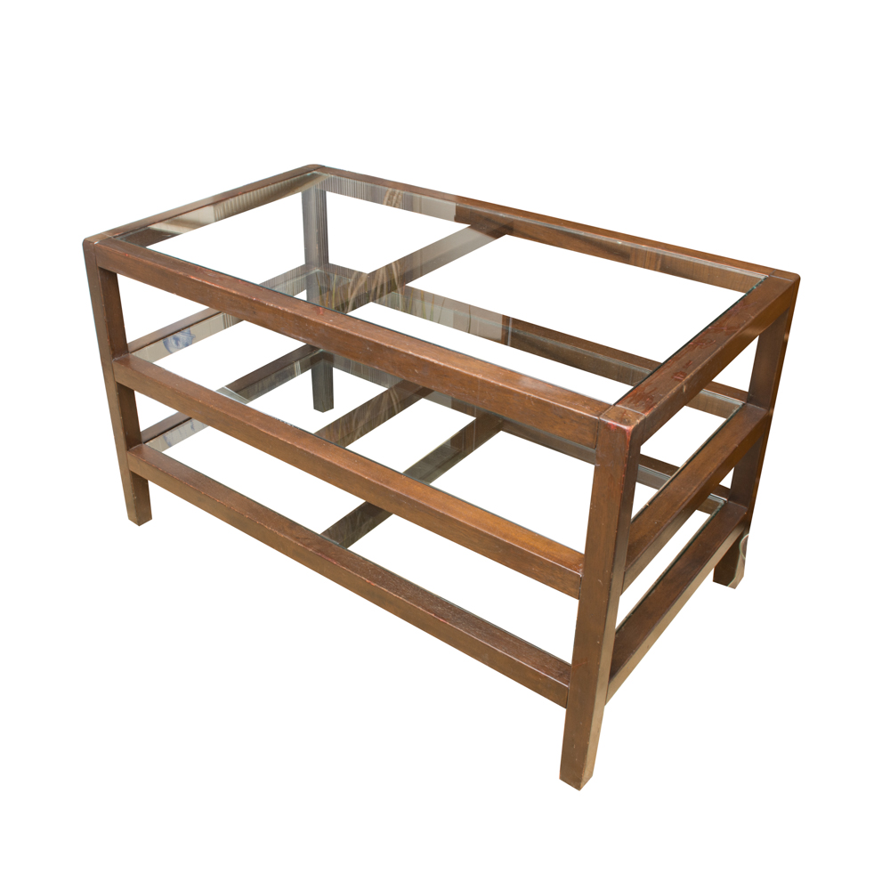 Three Tiered Wood Framed Table With Glass