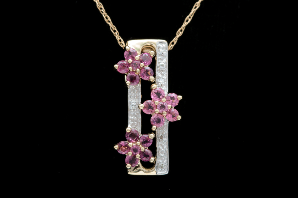 10K Yellow Gold, Pink Tourmaline, Garnet and Diamond Pendant with Chain