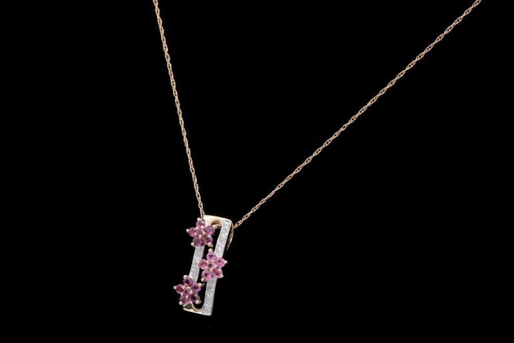 10K Yellow Gold, Pink Tourmaline, Garnet and Diamond Pendant with Chain