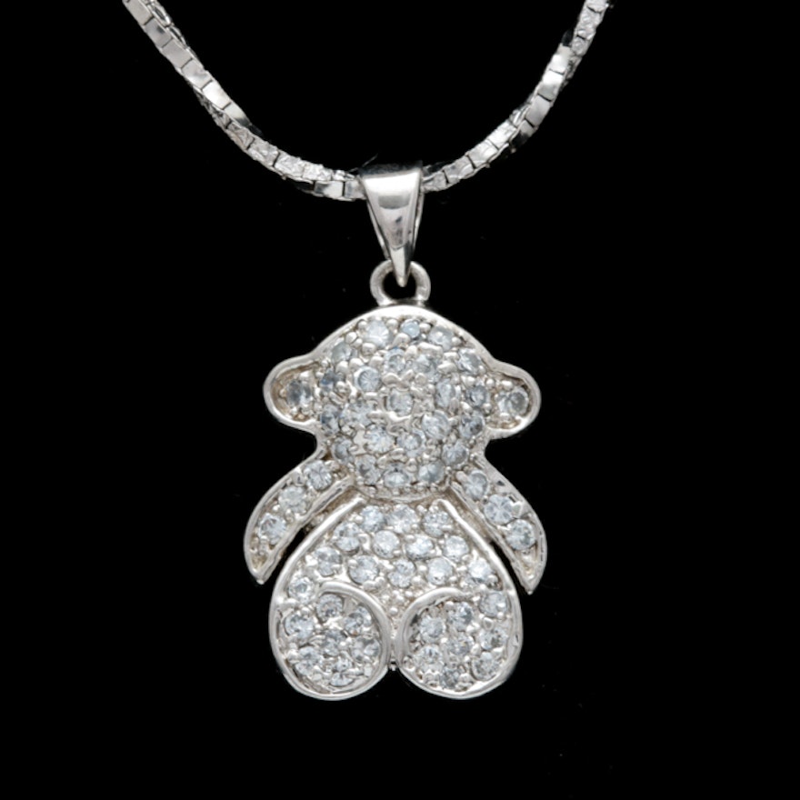 Sterling Silver and Cubic Zirconia Teddy Bear Pendant with Chain