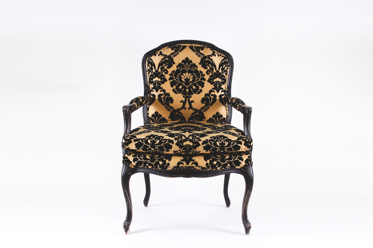 Pair of Louis XV Style Damask Upholstered Armchairs