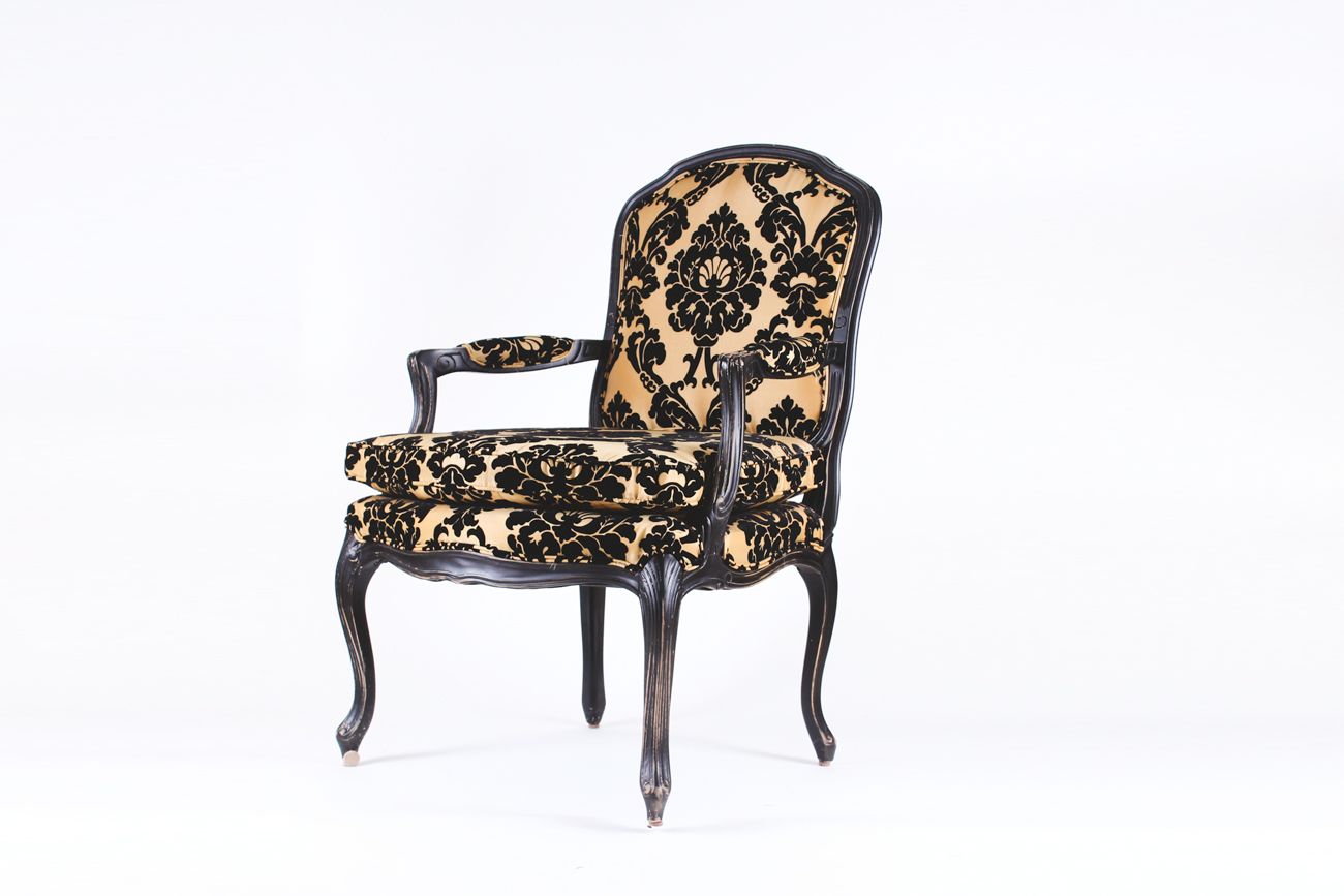 Pair of Louis XV Style Damask Upholstered Armchairs