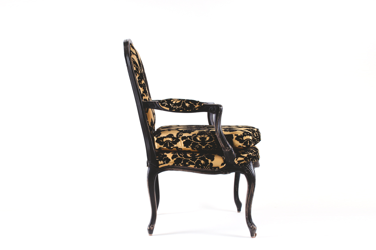 Pair of Louis XV Style Damask Upholstered Armchairs