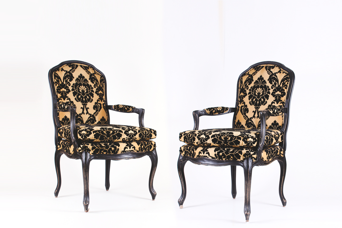 Pair of Louis XV Style Damask Upholstered Armchairs