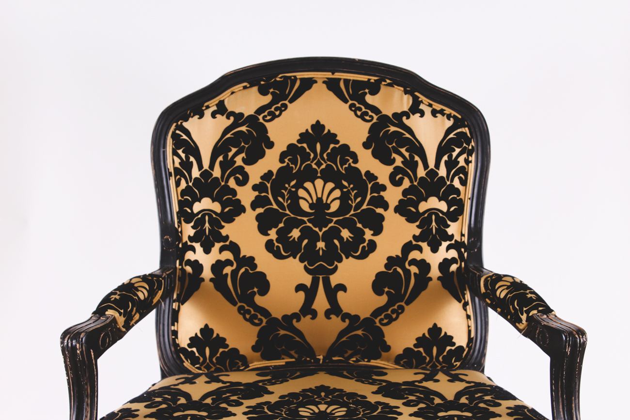 Pair of Louis XV Style Damask Upholstered Armchairs