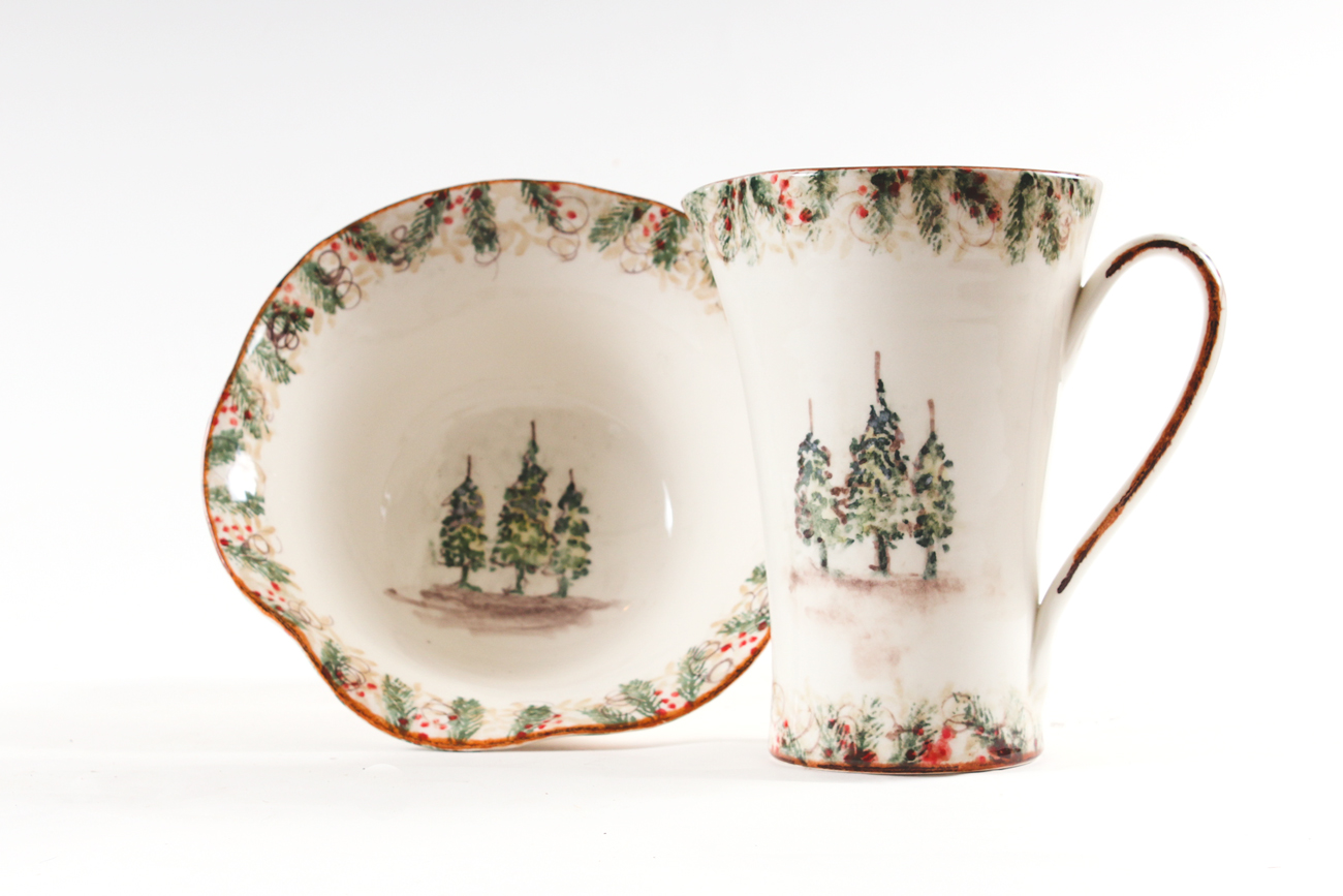 Arte Italica Ceramic Christmas Pitcher and Bowl Set