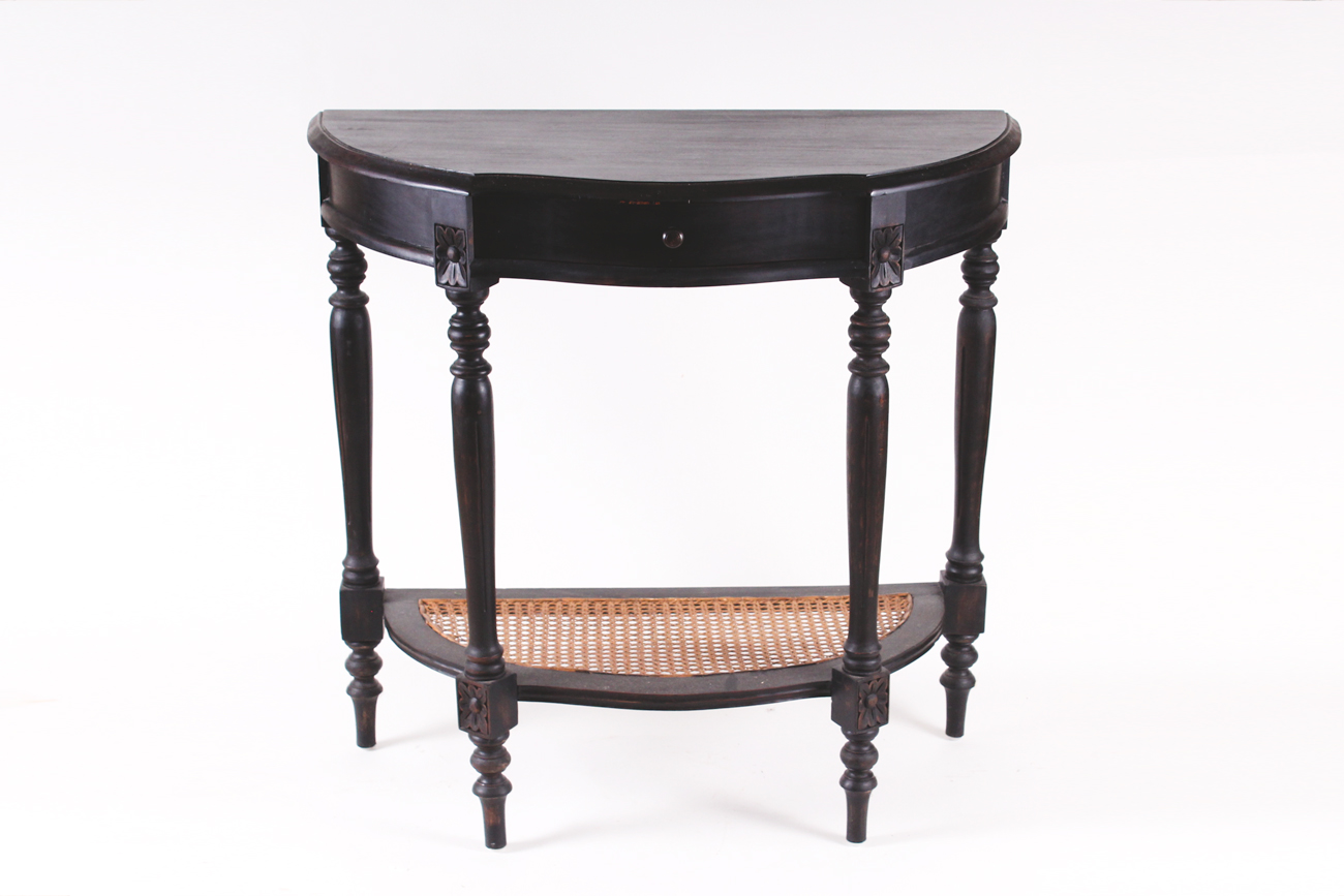 Wooden and Wicker Demilune End Table