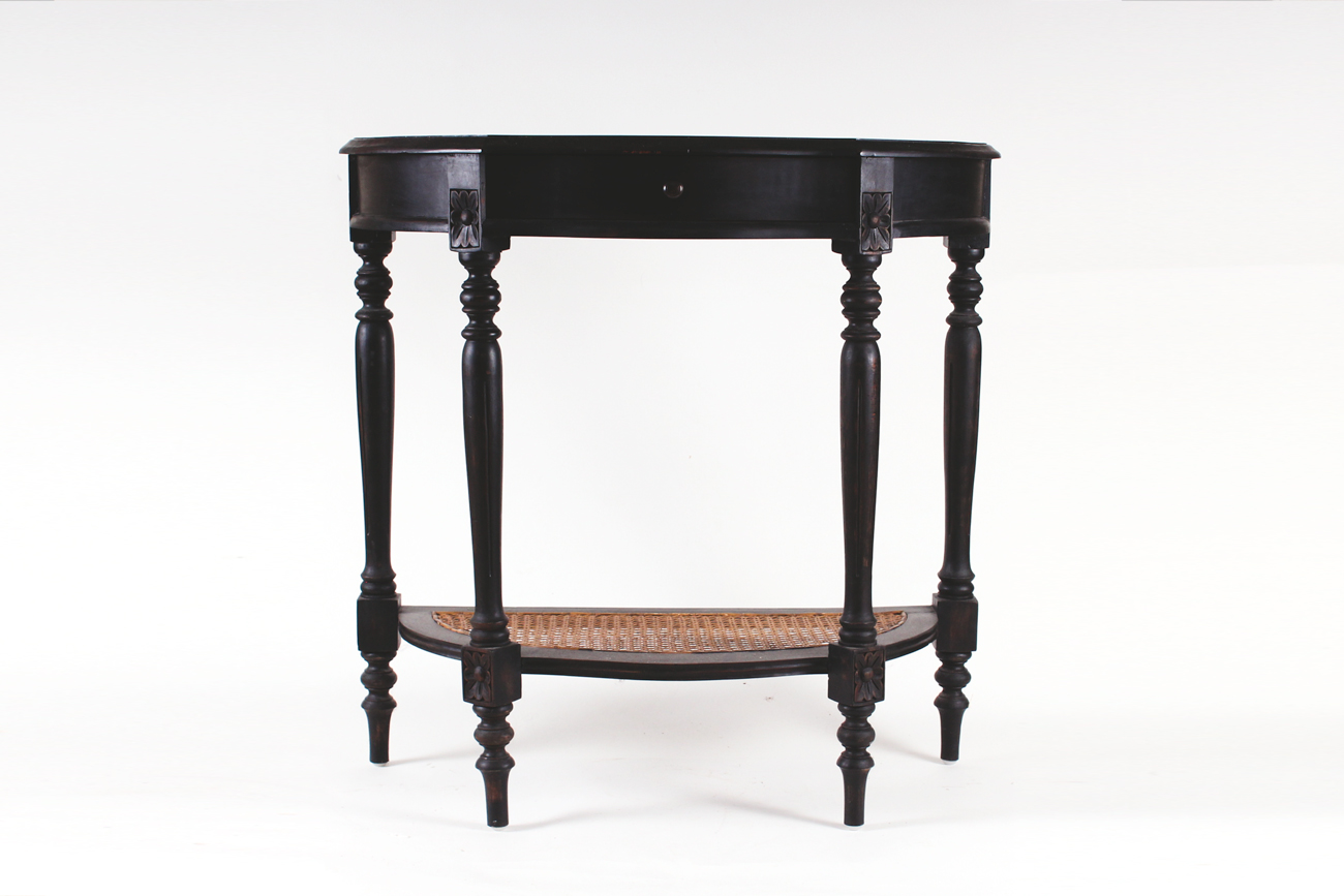 Wooden and Wicker Demilune End Table