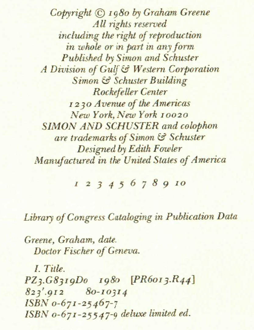 1980 First Edition "Doctor Fischer of Geneva" by Graham Greene