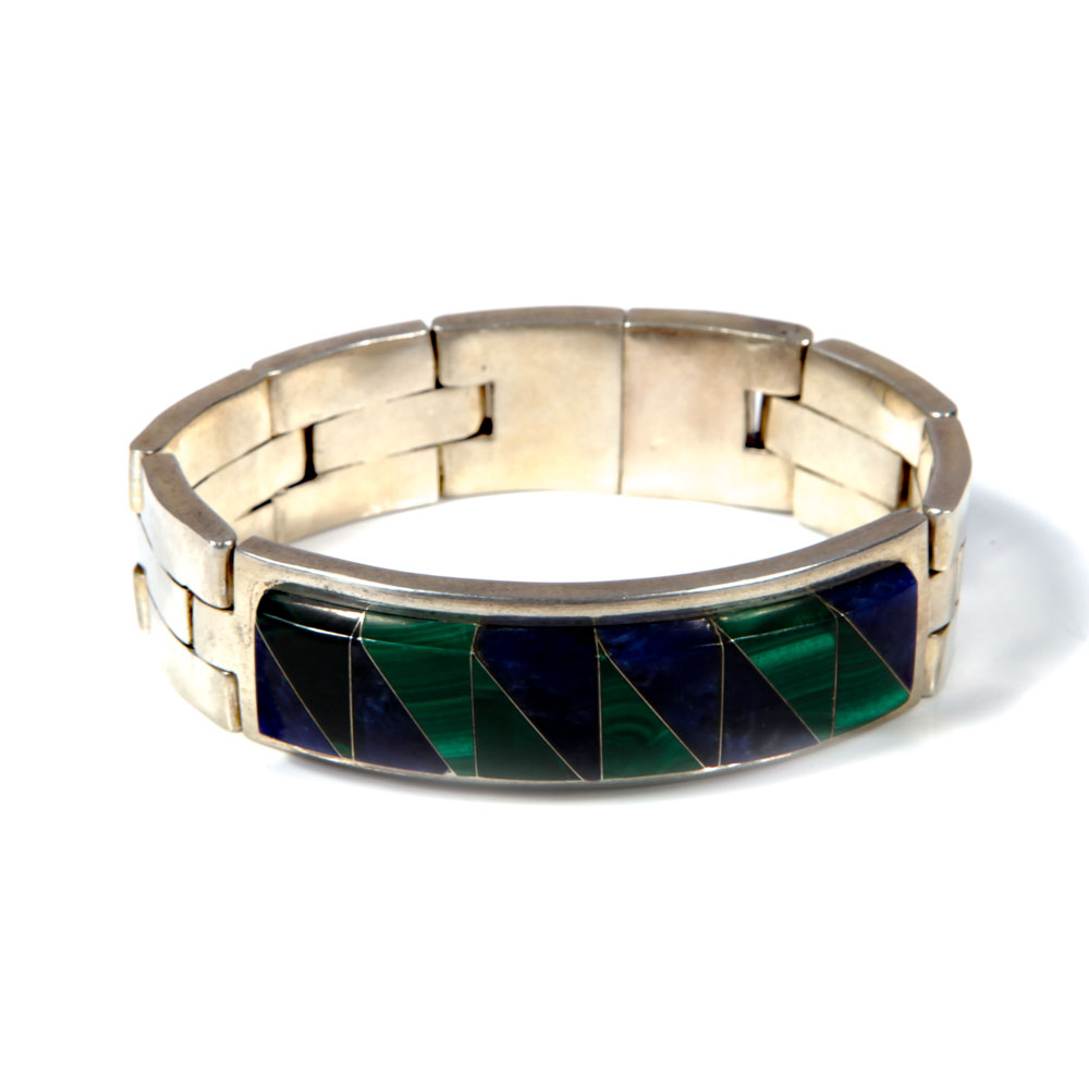 Vintage Taxco Sterling Silver, Lapis Lazuli and Malachite Bracelet
