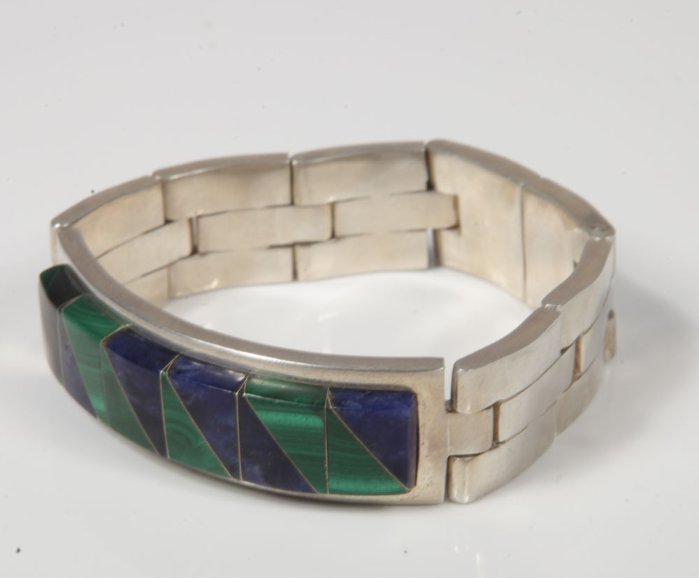 Vintage Taxco Sterling Silver, Lapis Lazuli and Malachite Bracelet