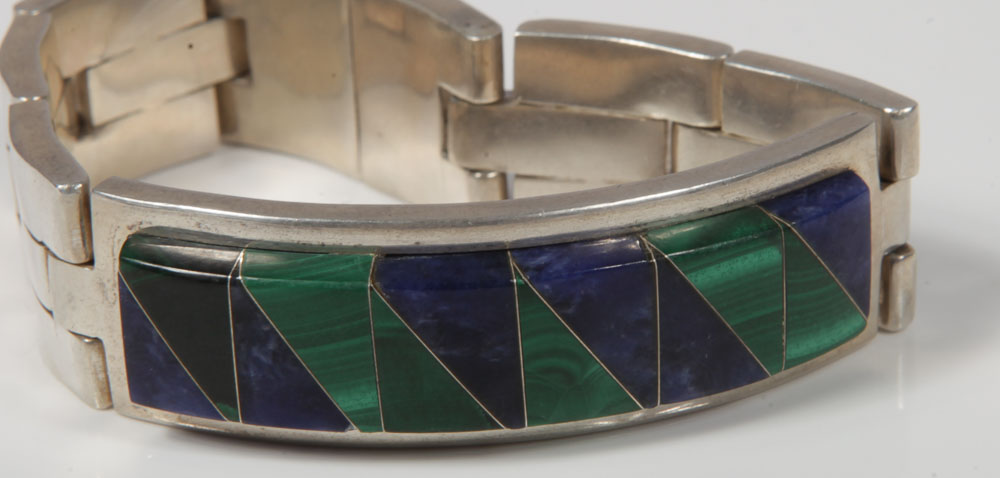 Vintage Taxco Sterling Silver, Lapis Lazuli and Malachite Bracelet