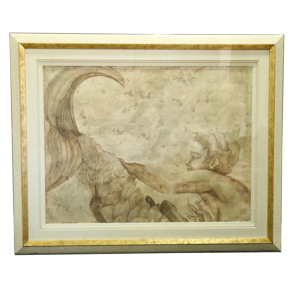 Large Framed Embellished Offset Lithograph by S. Lorello "The Mermaid"