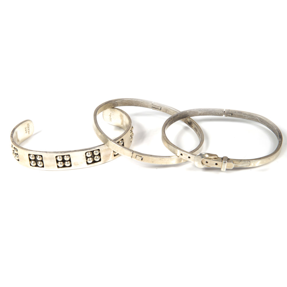 Mexican Sterling Silver Bangle and Cuff Bracelets Featuring Taxco