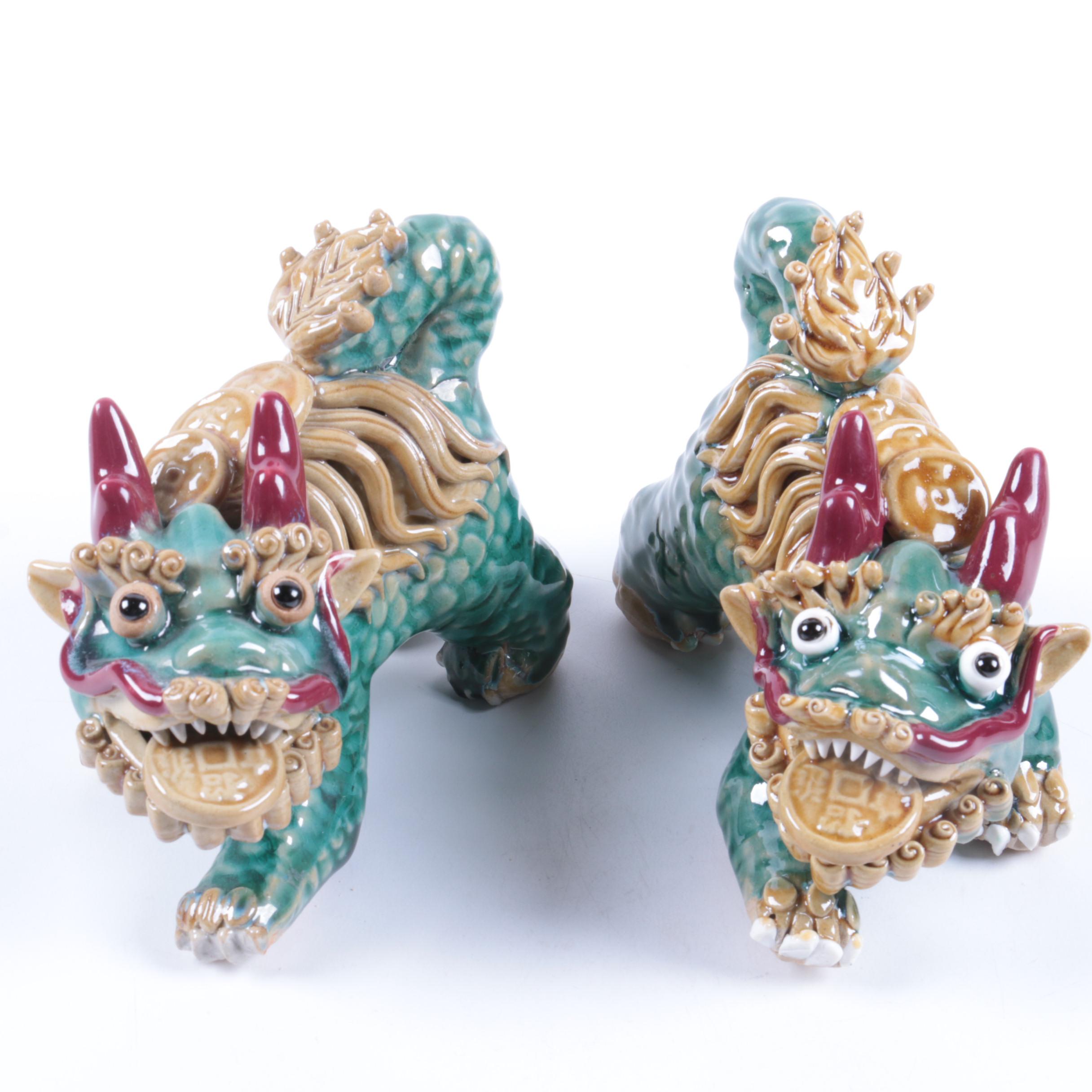 Chinese Ceramic Three-Glaze Good Fortune Guardian Lion Figurines