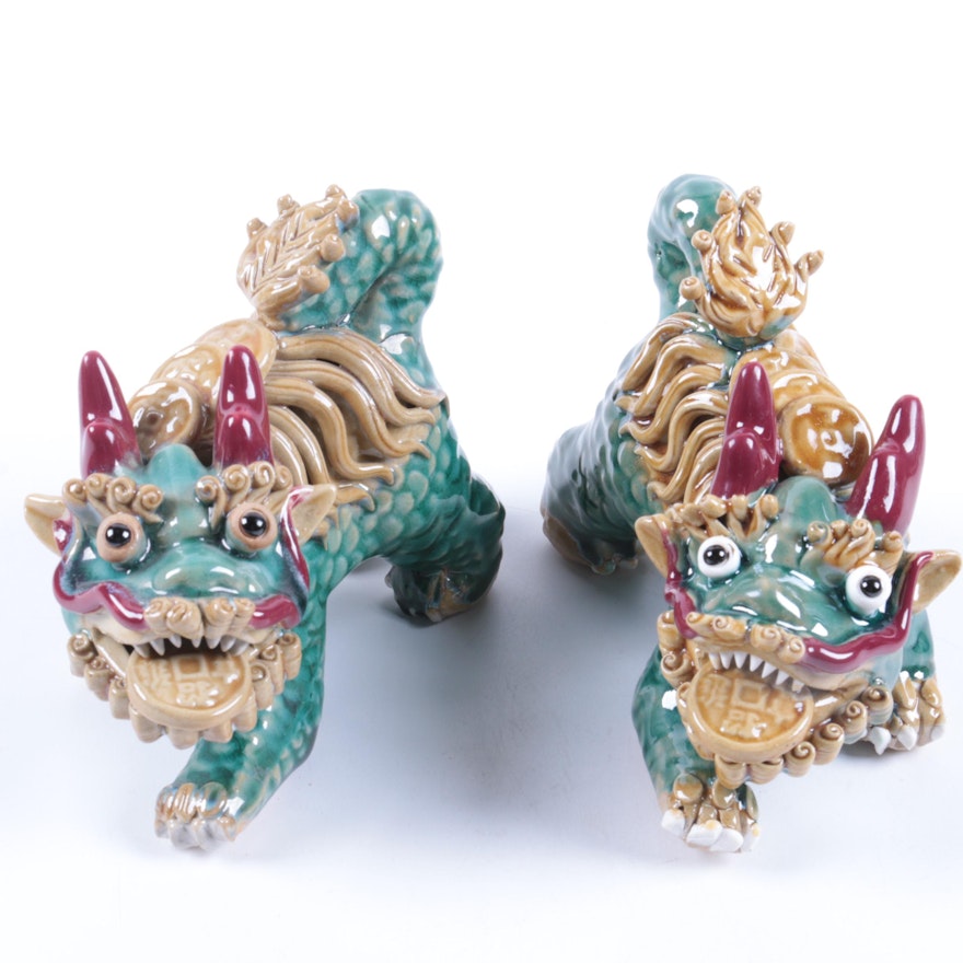 Chinese Ceramic Three-Glaze Good Fortune Guardian Lion Figurines