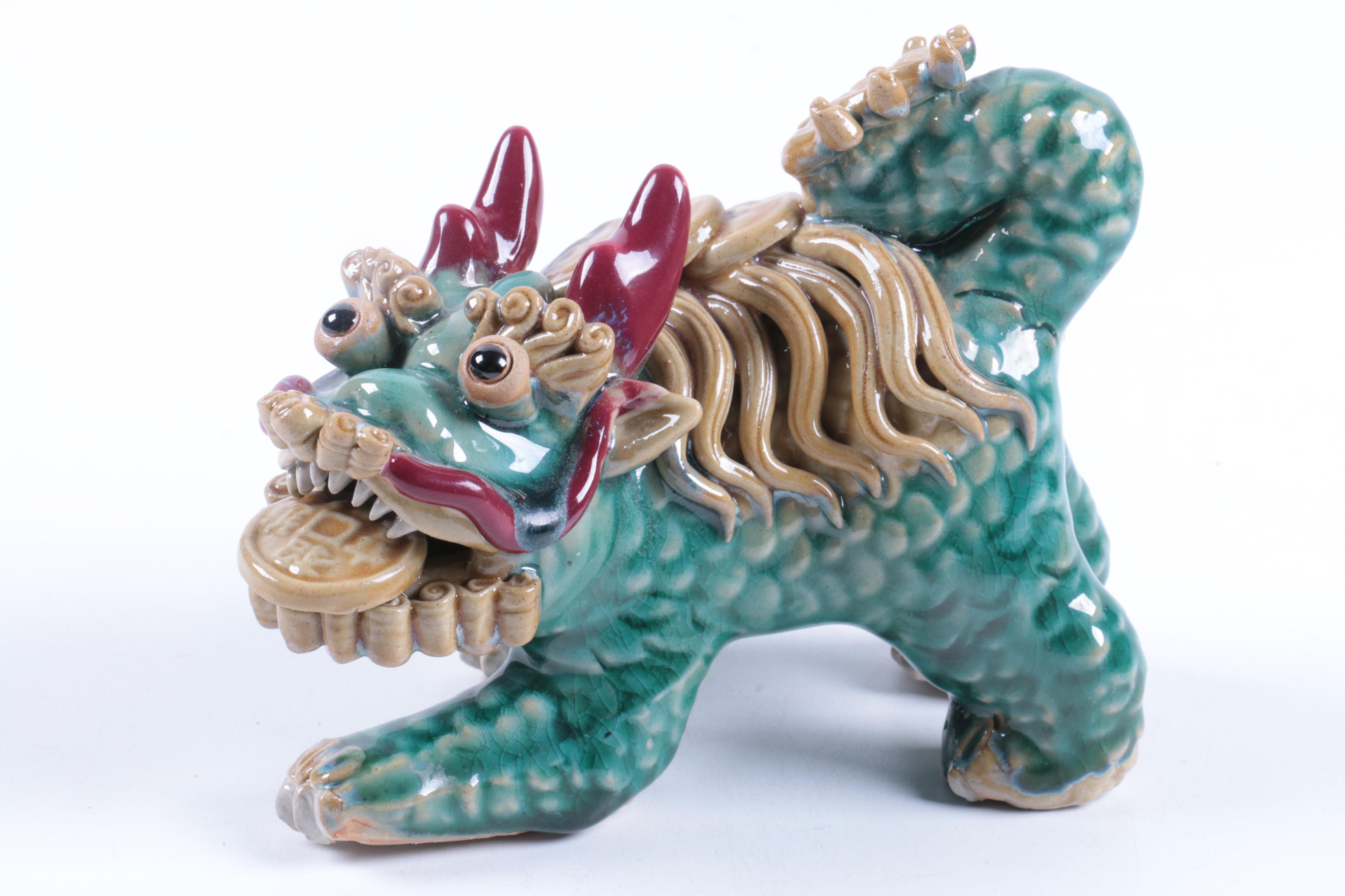 Chinese Ceramic Three-Glaze Good Fortune Guardian Lion Figurines