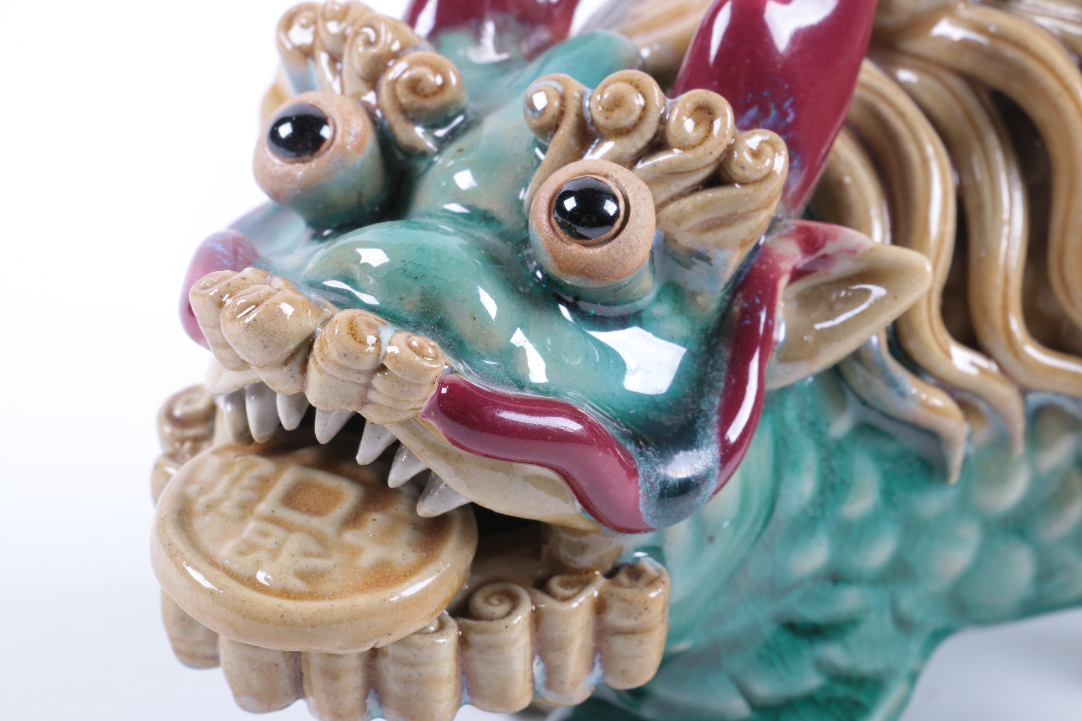 Chinese Ceramic Three-Glaze Good Fortune Guardian Lion Figurines