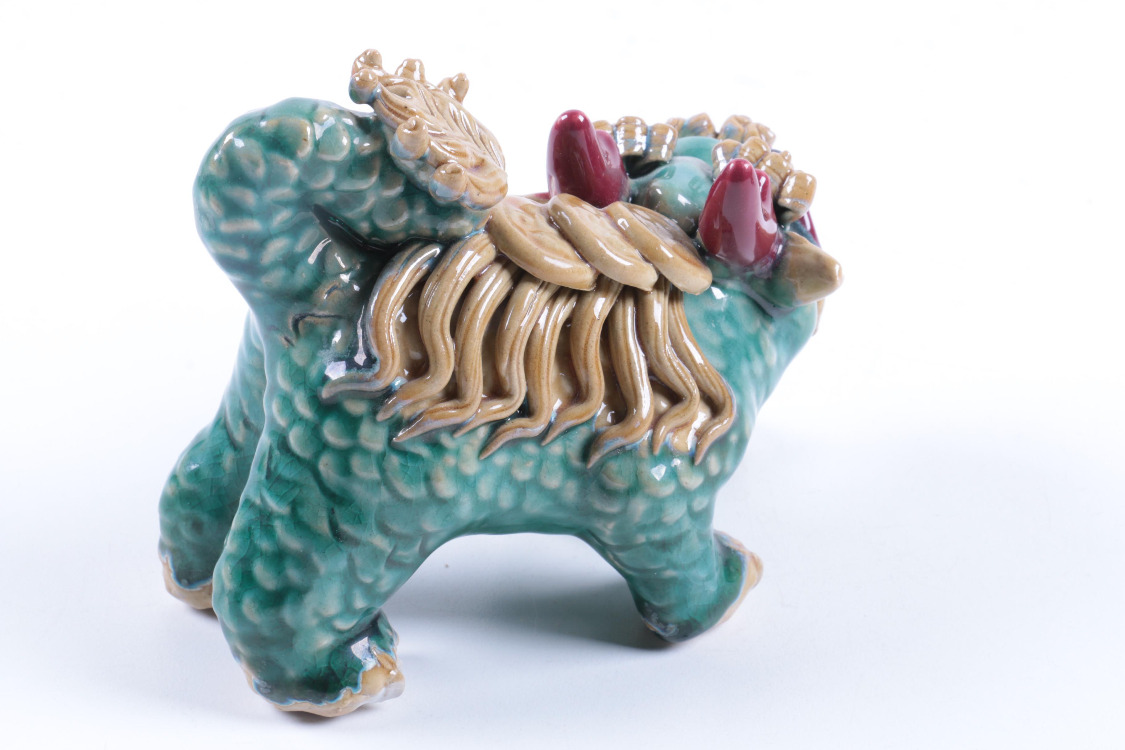 Chinese Ceramic Three-Glaze Good Fortune Guardian Lion Figurines