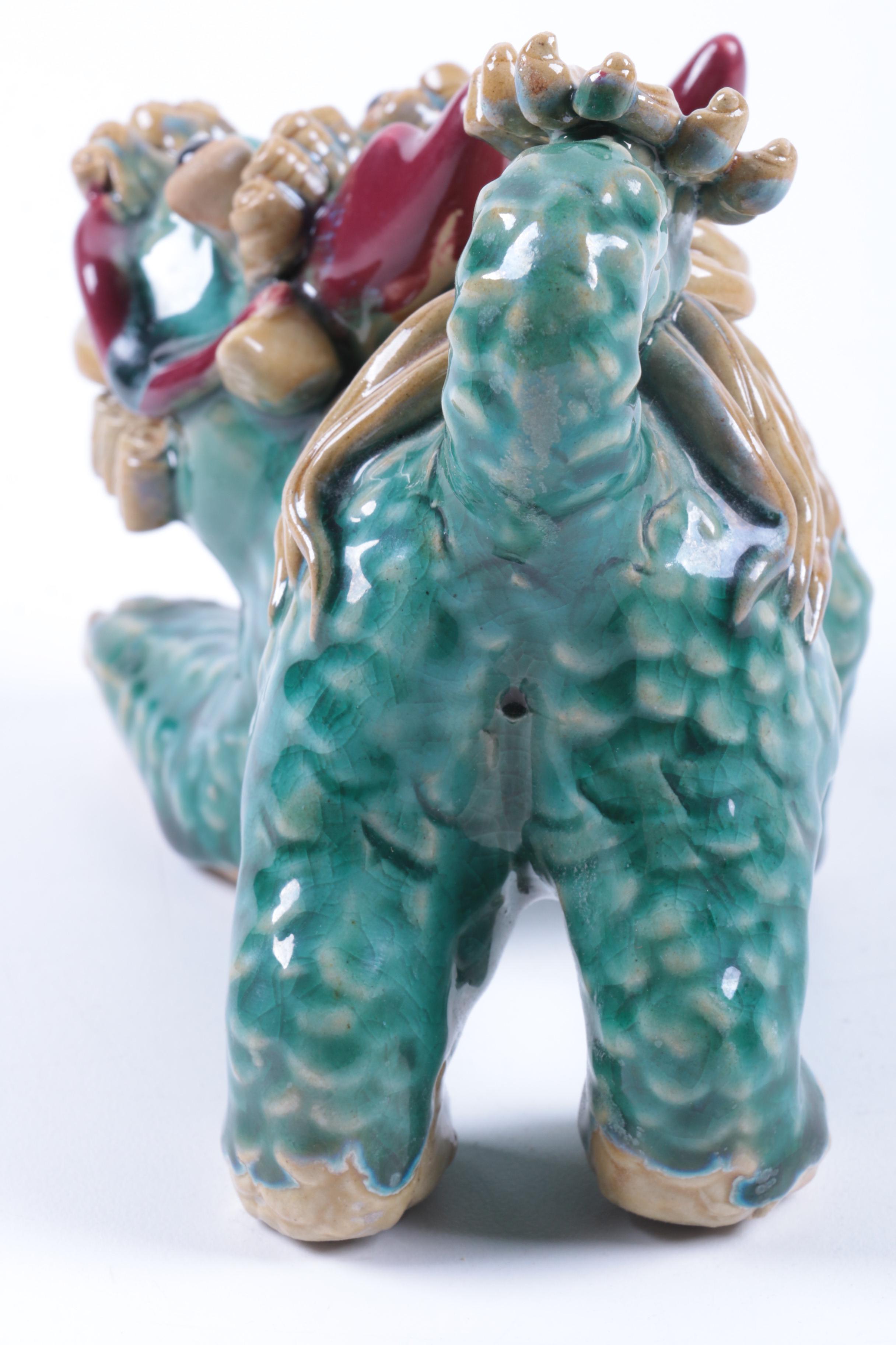Chinese Ceramic Three-Glaze Good Fortune Guardian Lion Figurines