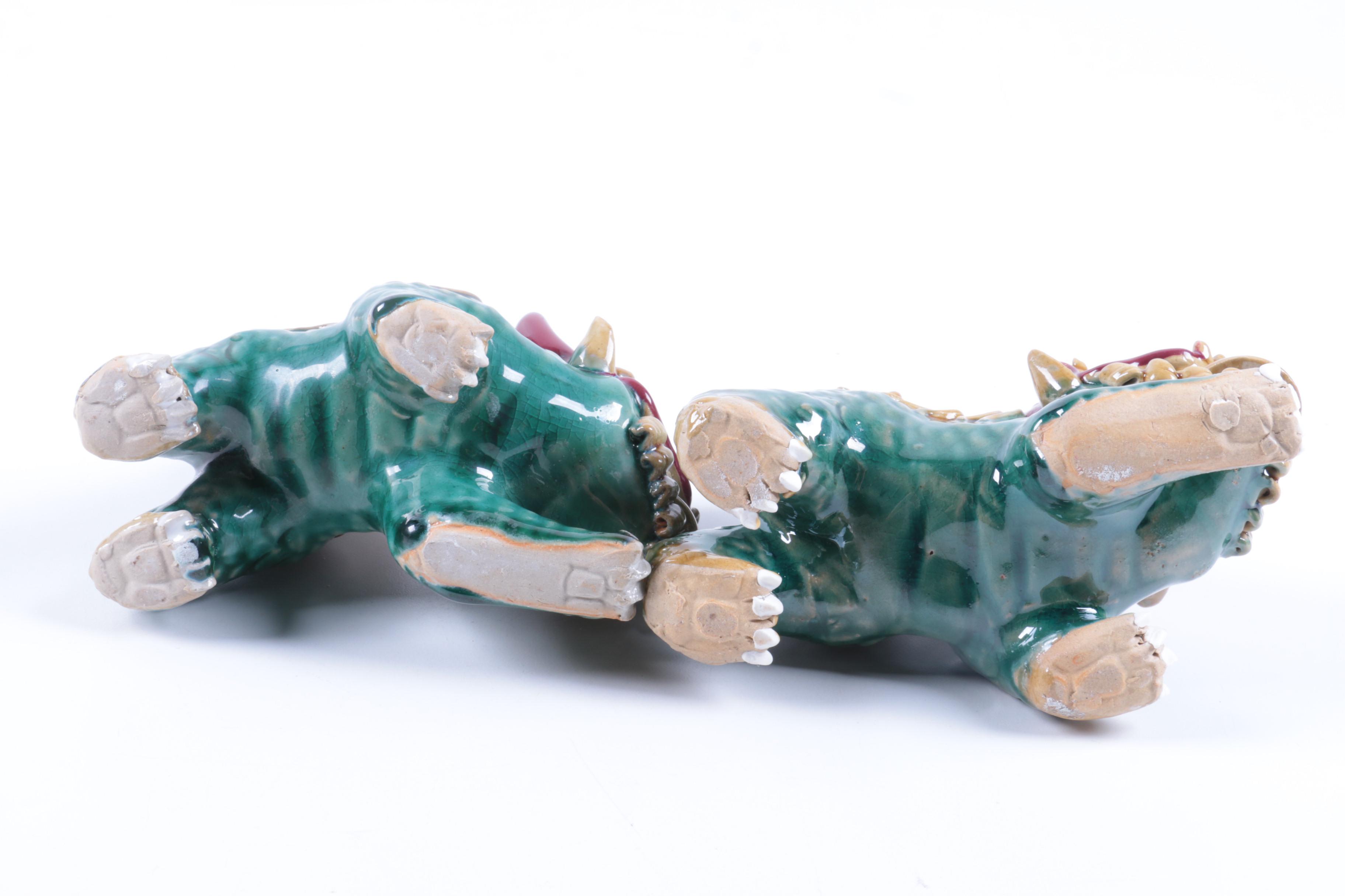 Chinese Ceramic Three-Glaze Good Fortune Guardian Lion Figurines