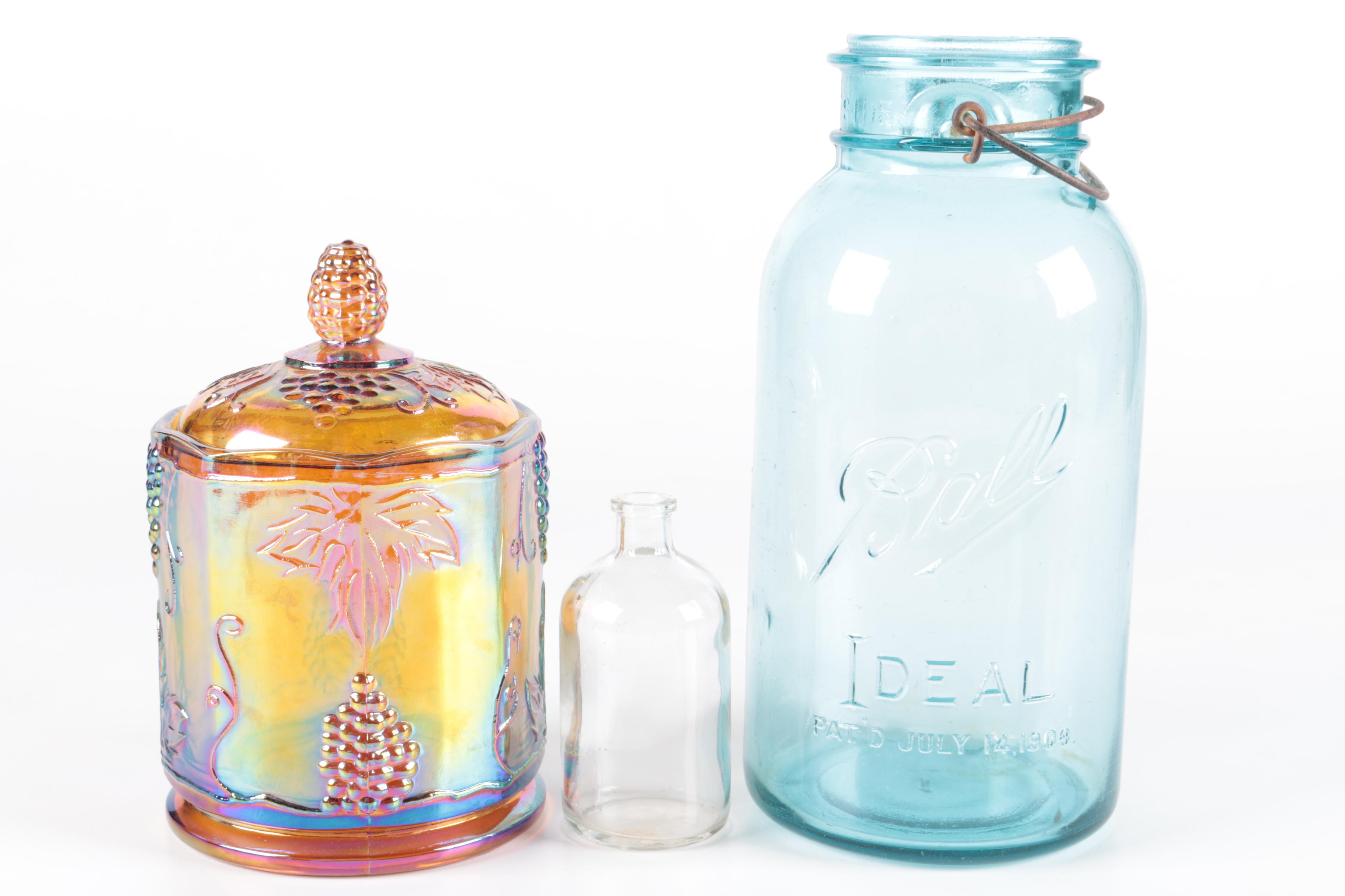 Glass Jars Including Ball Jar and Carnival Glass