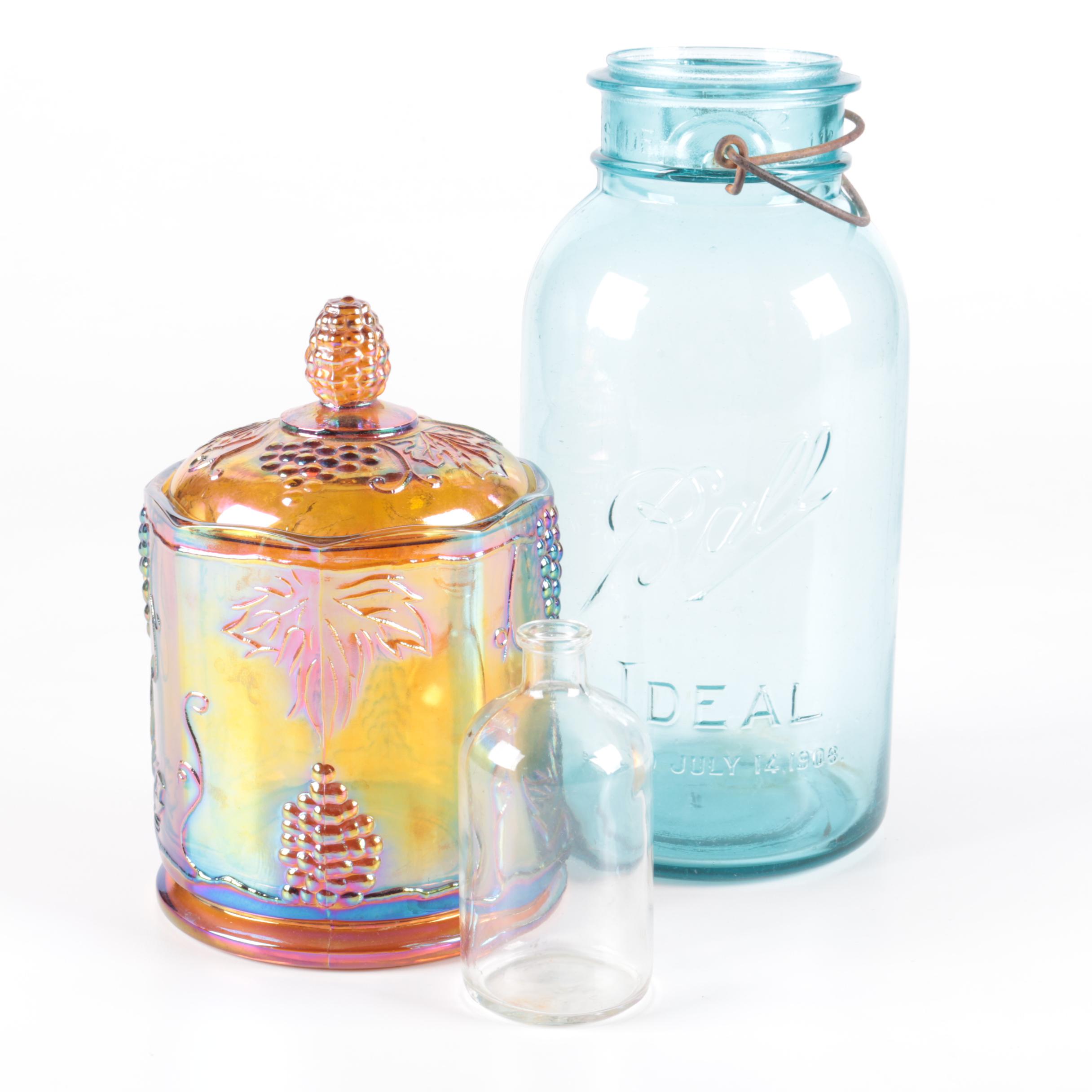 Glass Jars Including Ball Jar and Carnival Glass