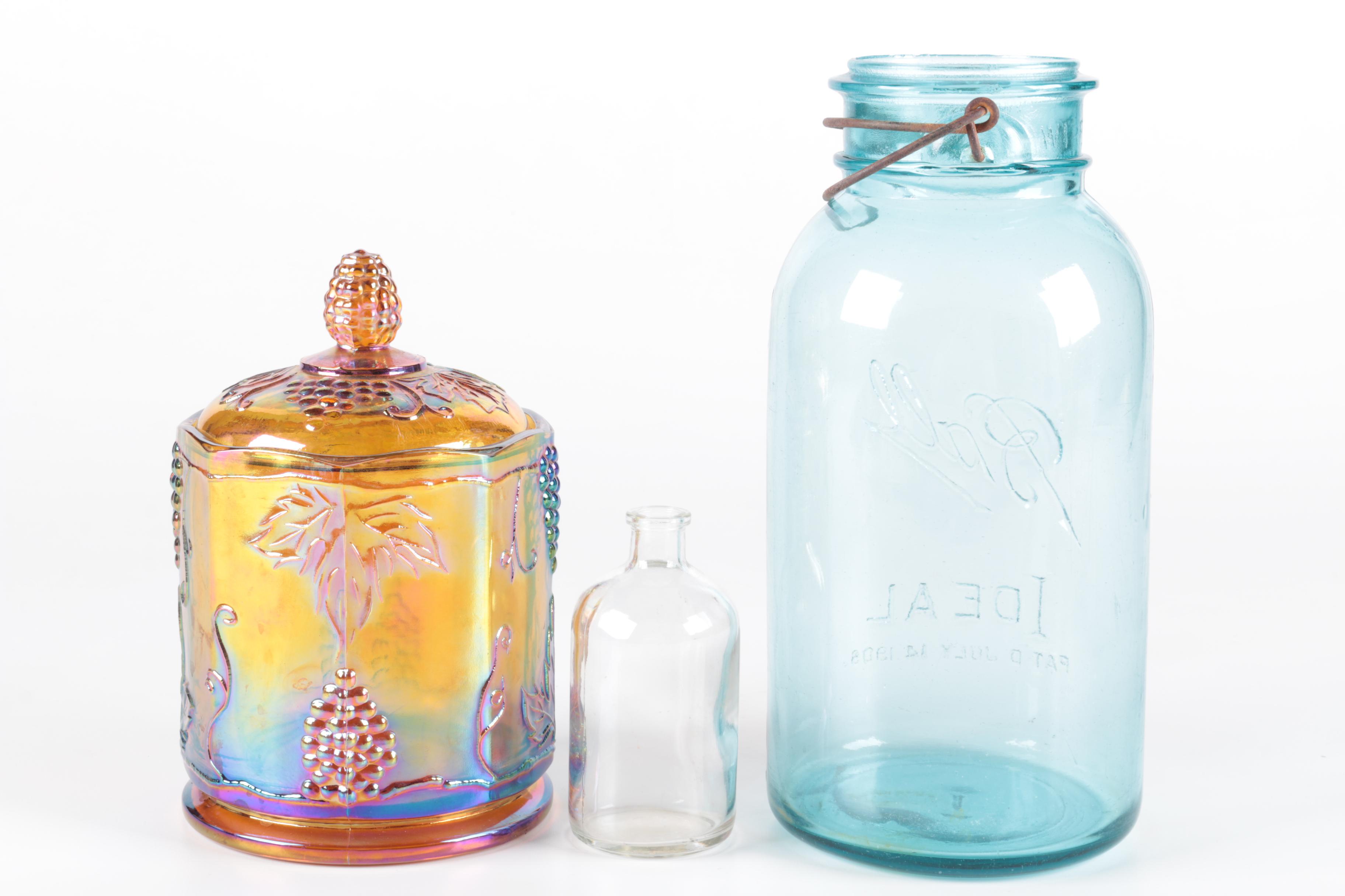 Glass Jars Including Ball Jar and Carnival Glass