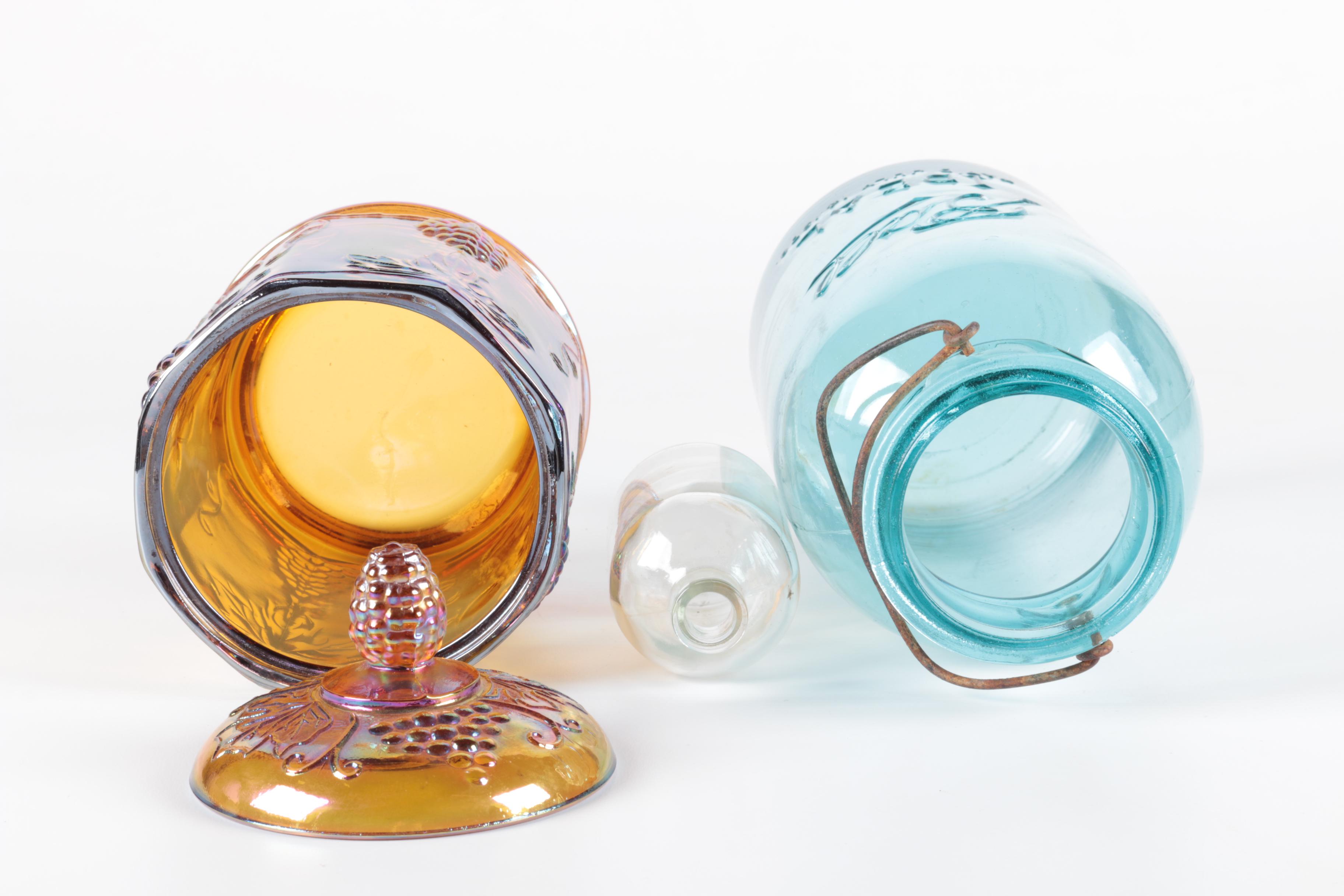 Glass Jars Including Ball Jar and Carnival Glass