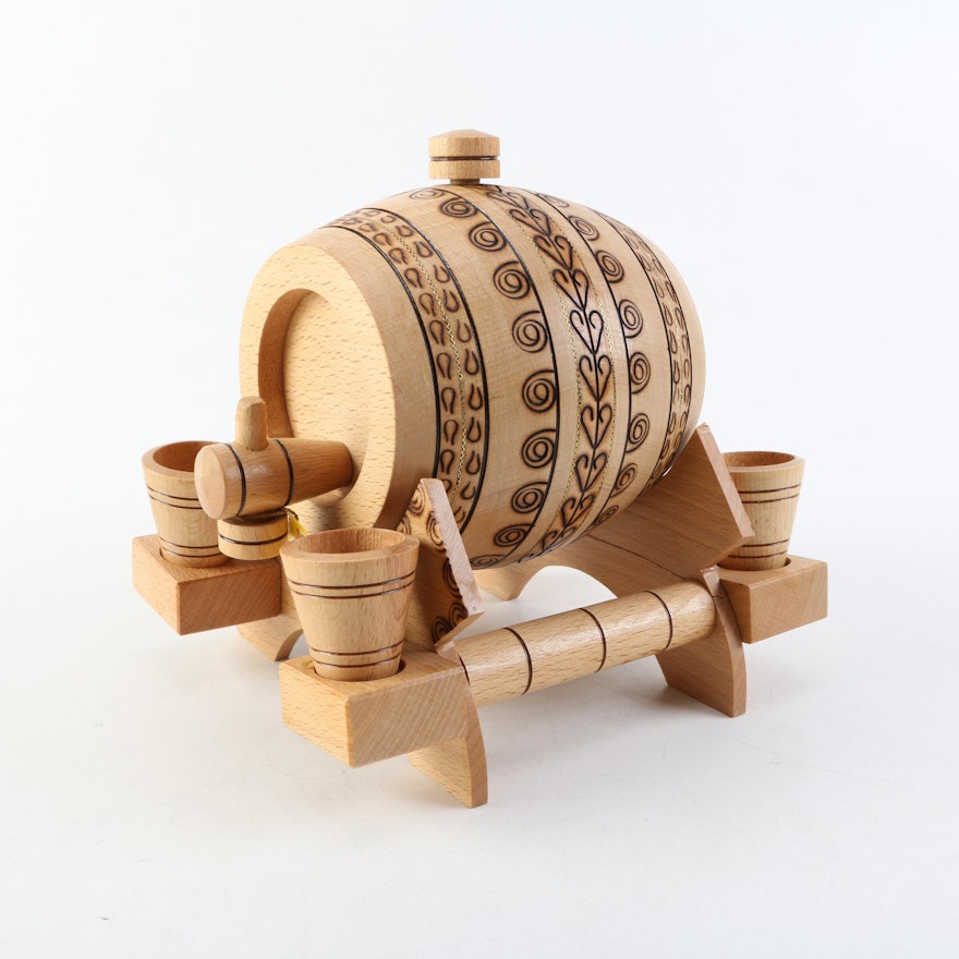 Small Wooden Decorative Keg and Cups