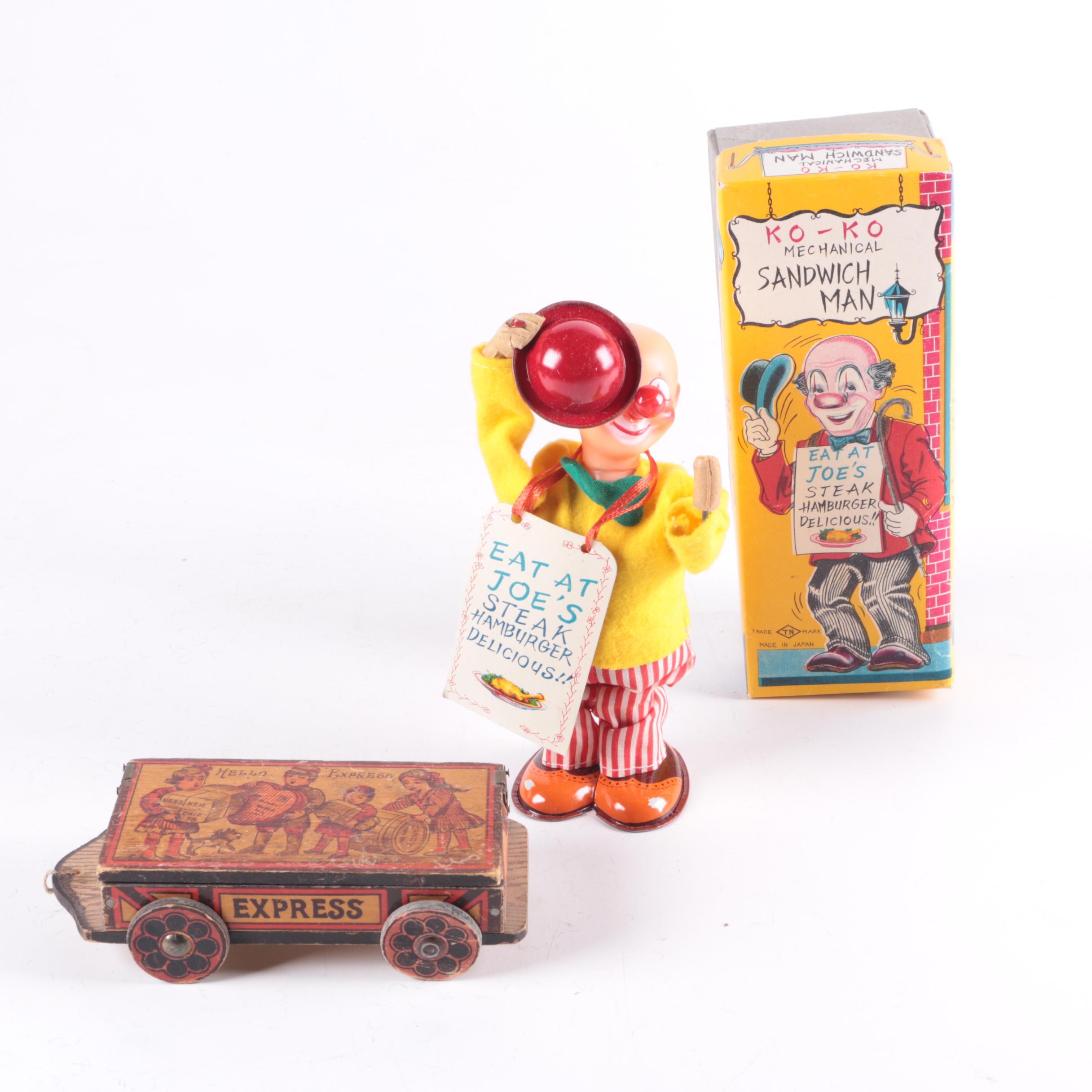 Vintage Wind Up Clown Doll and Wooden Box Car