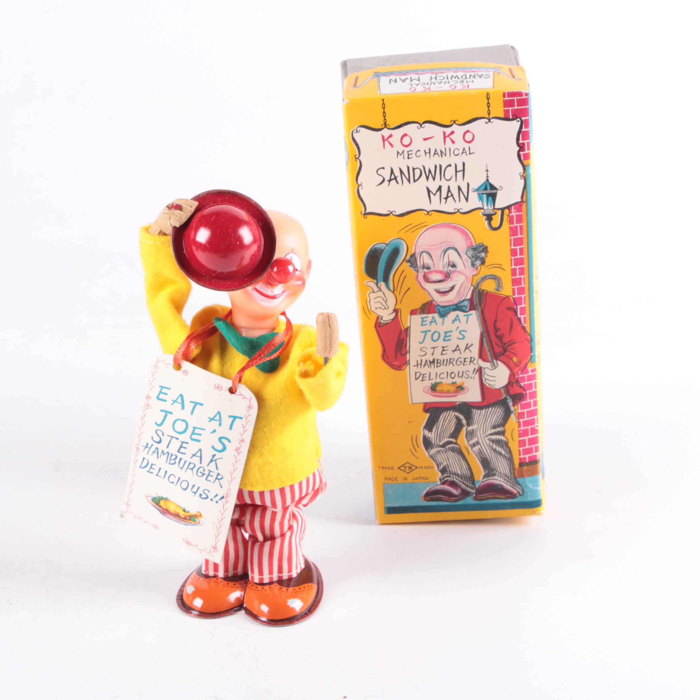 Vintage Wind Up Clown Doll and Wooden Box Car