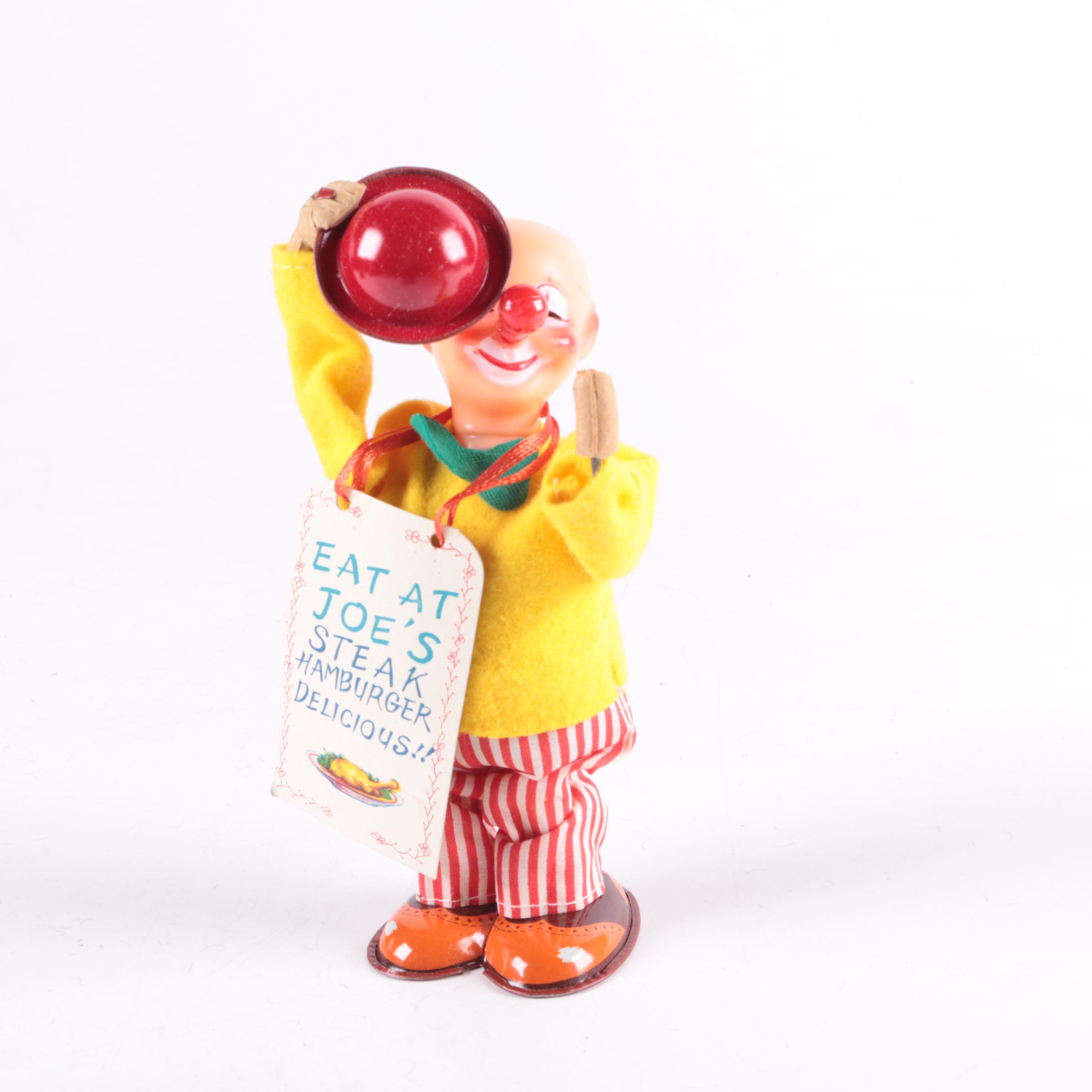 Vintage Wind Up Clown Doll and Wooden Box Car