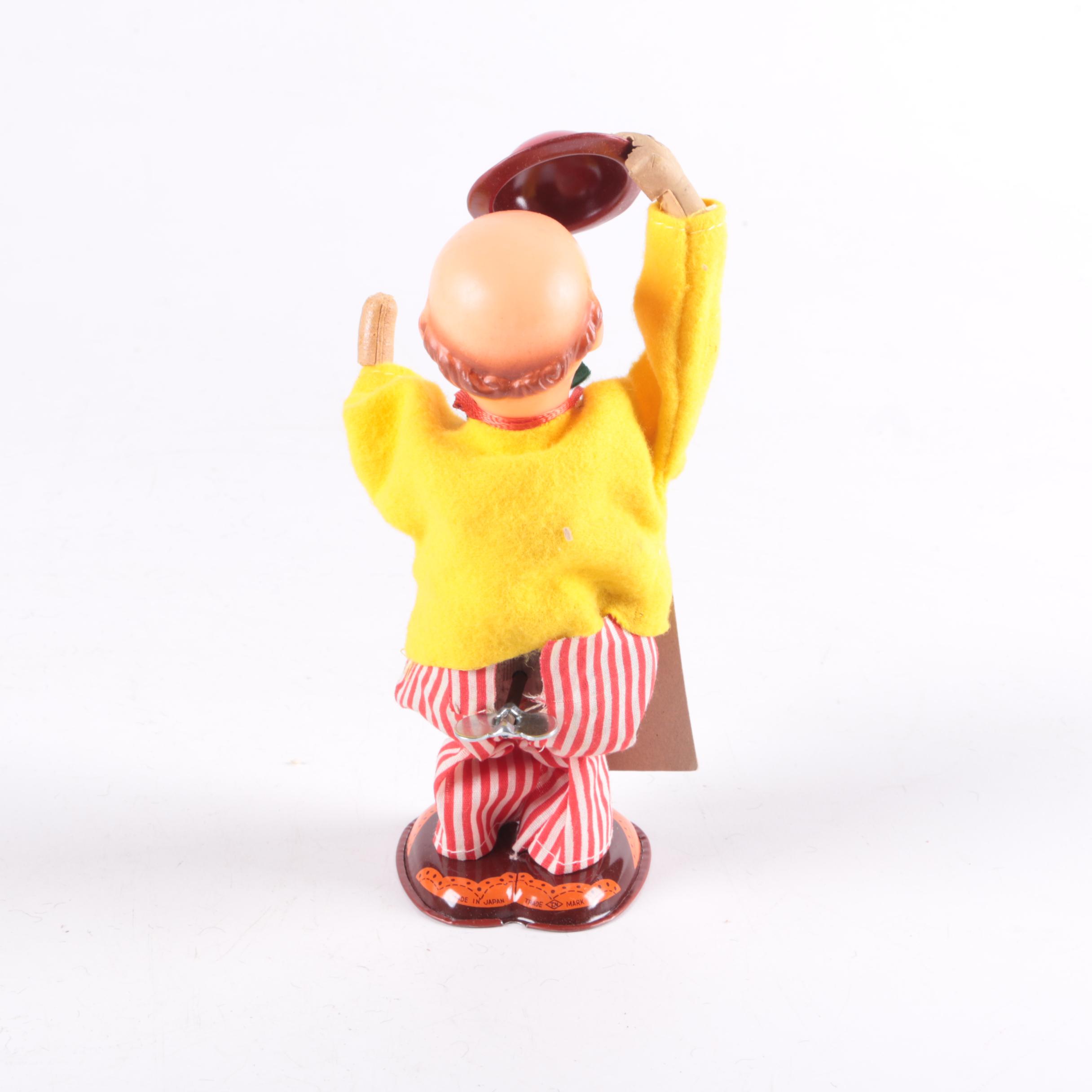Vintage Wind Up Clown Doll and Wooden Box Car