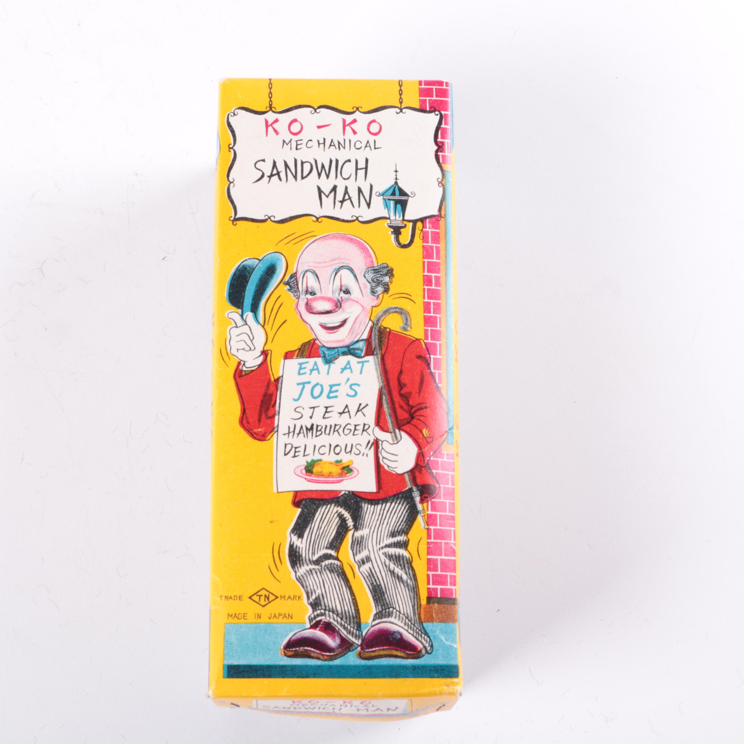 Vintage Wind Up Clown Doll and Wooden Box Car