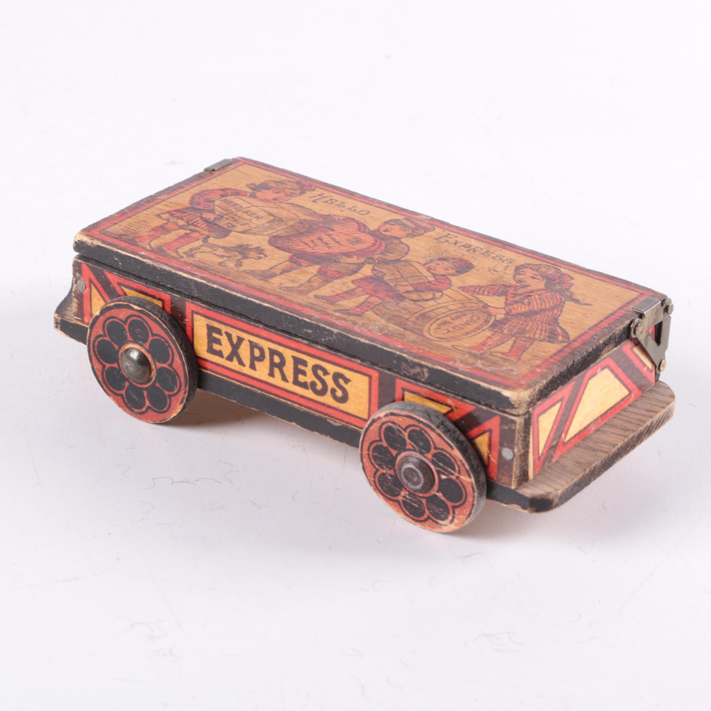 Vintage Wind Up Clown Doll and Wooden Box Car