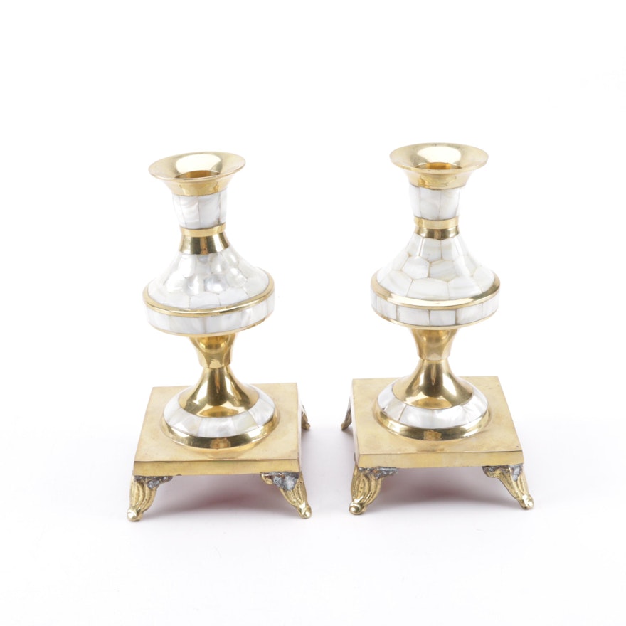 Brass and Mother of Pearl Candlesticks