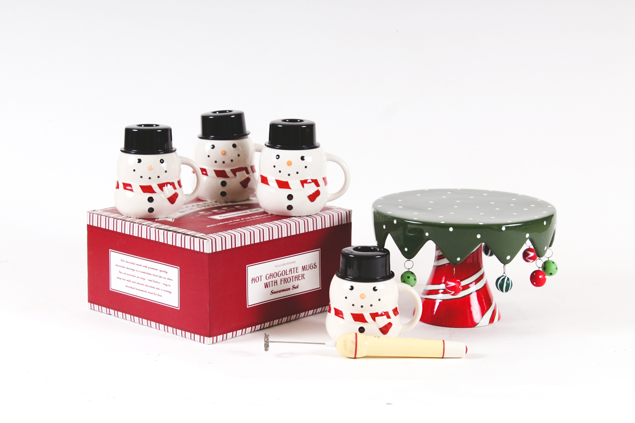 Williams Sonoma Hot Chocolate Mugs with Frother and Ceramic Cake Stand