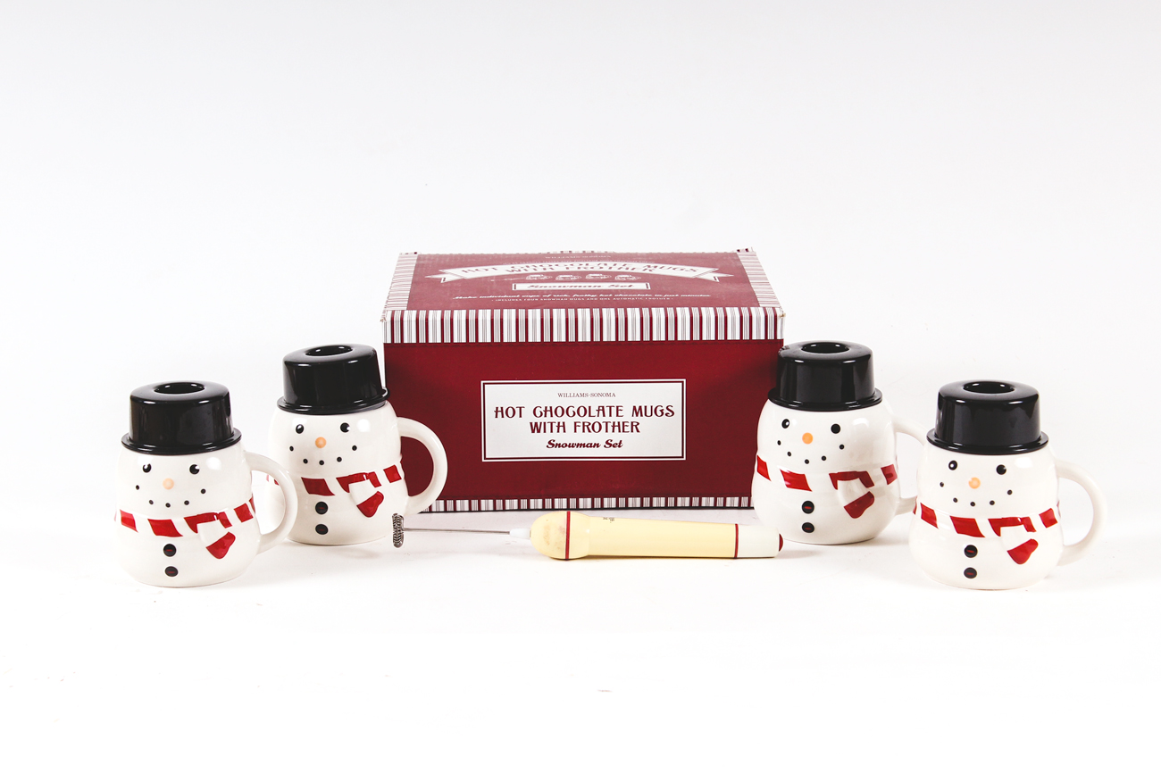 Williams Sonoma Hot Chocolate Mugs with Frother and Ceramic Cake Stand