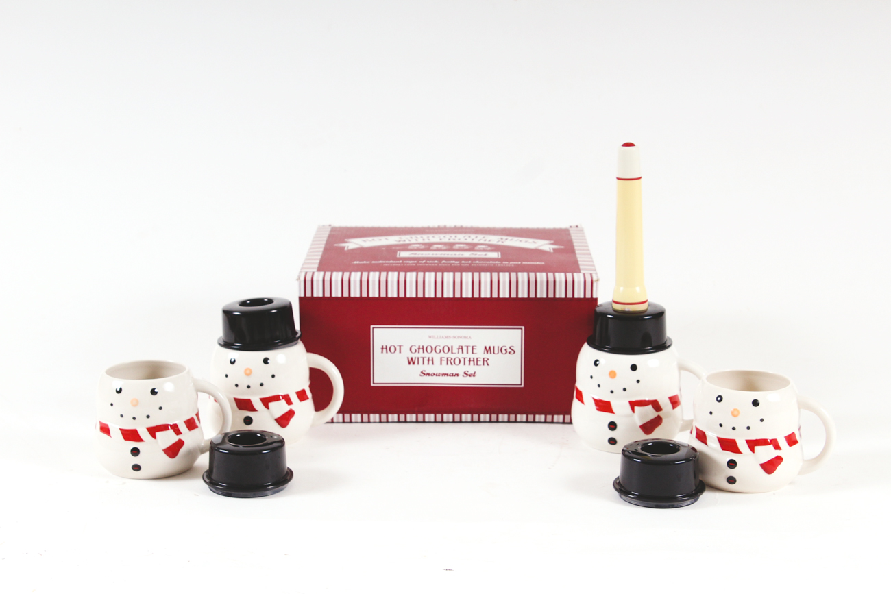 Williams Sonoma Hot Chocolate Mugs with Frother and Ceramic Cake Stand