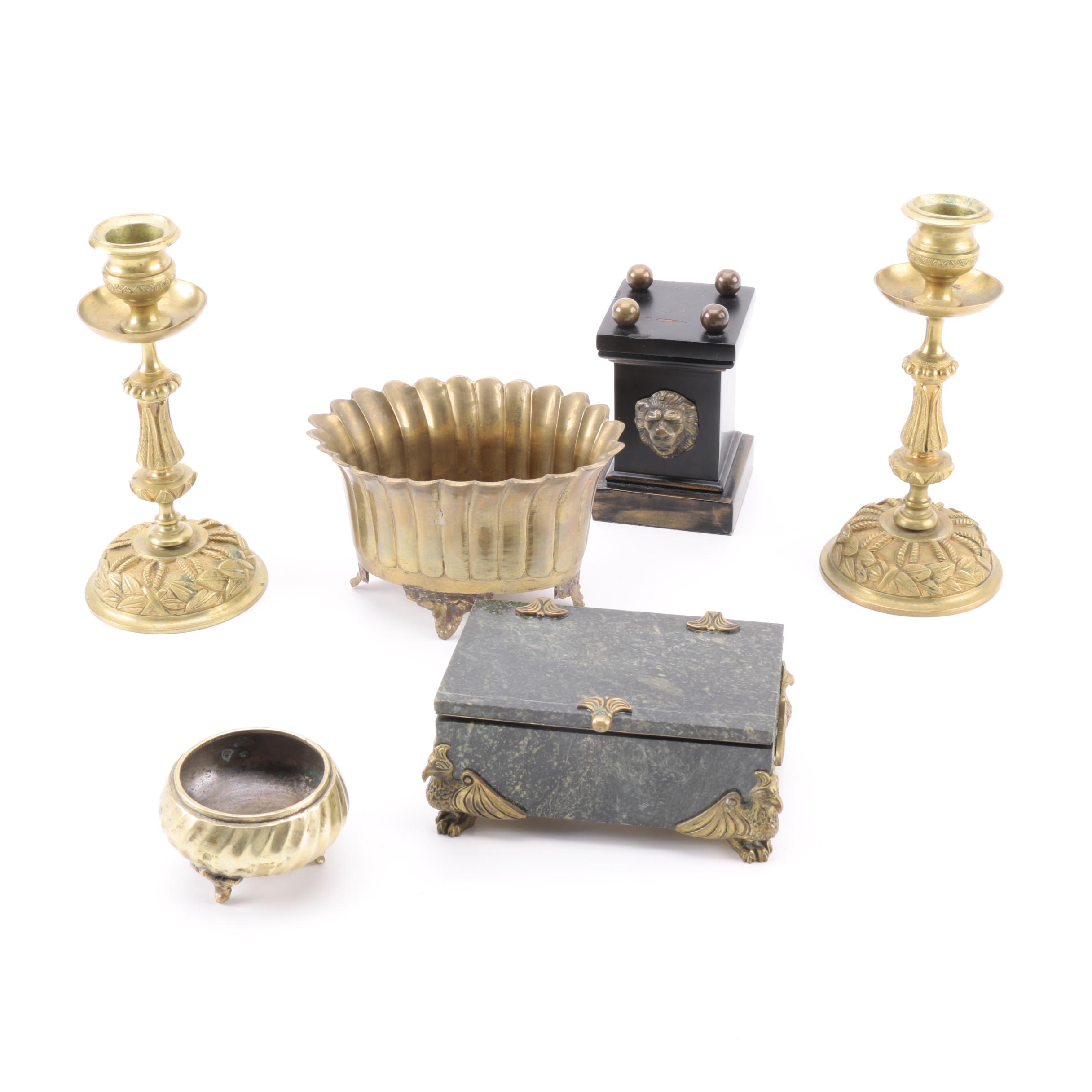 Kein Serpentine Jewelry Box and Brass Decorative Items