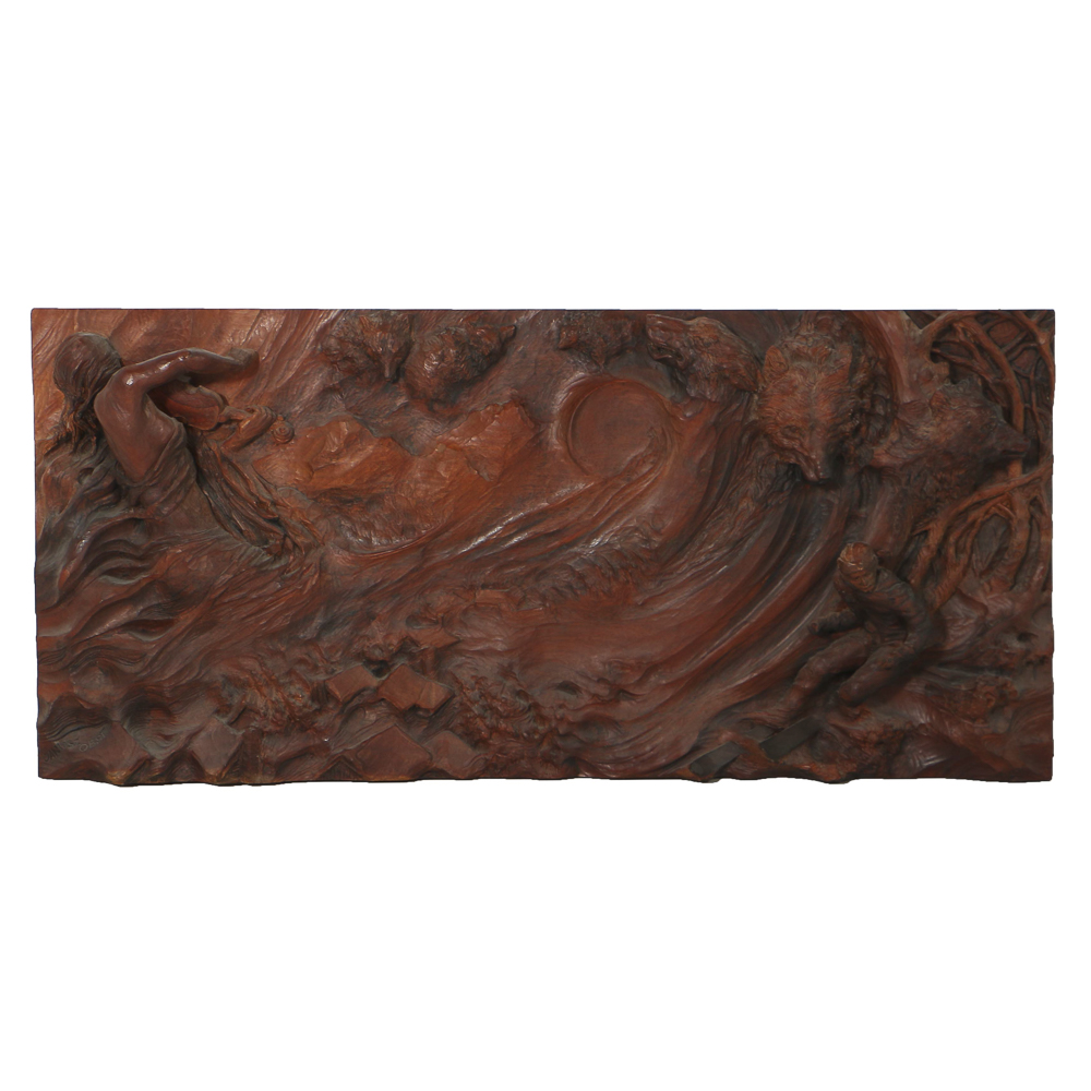 Janusz Obst Carved Wood Relief Sculpture of Forest Scene with Wolves