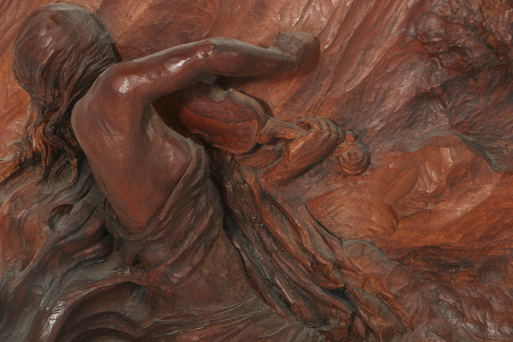 Janusz Obst Carved Wood Relief Sculpture of Forest Scene with Wolves