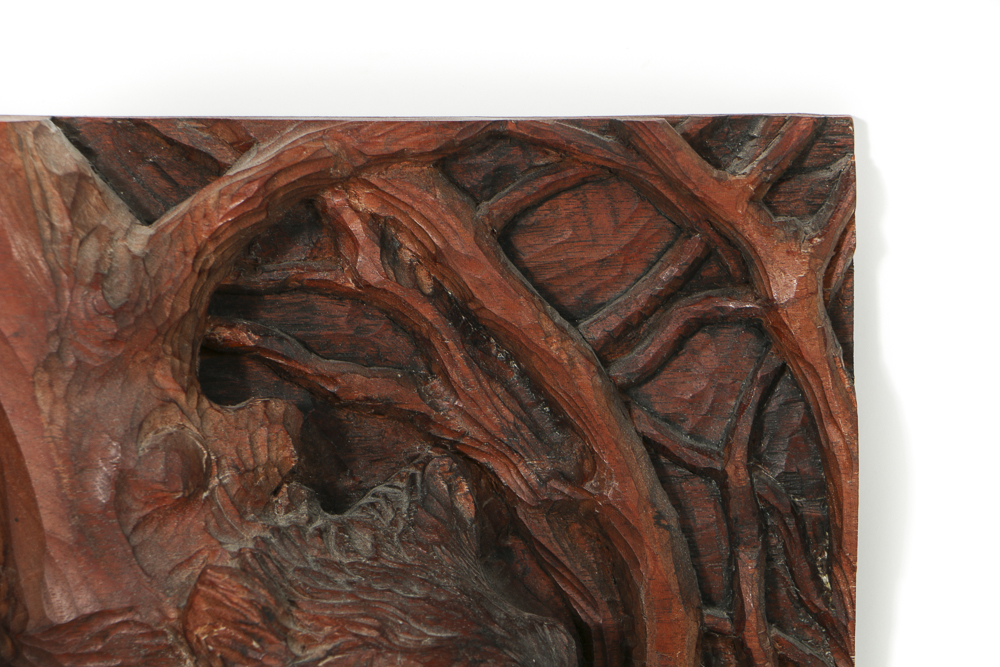 Janusz Obst Carved Wood Relief Sculpture of Forest Scene with Wolves