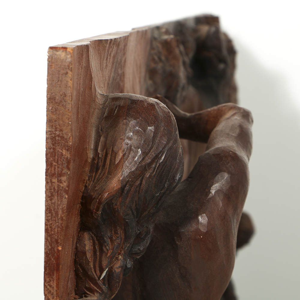 Janusz Obst Carved Wood Relief Sculpture of Forest Scene with Wolves