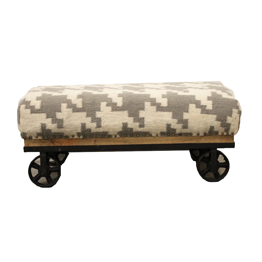 Industrial Style Rolling Ottoman with Wool Blend Upholstery