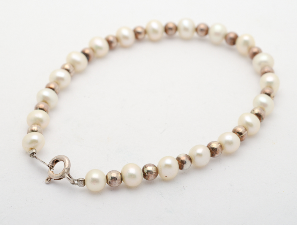 Cultured Pearl Necklace and Bracelets with Sterling Silver