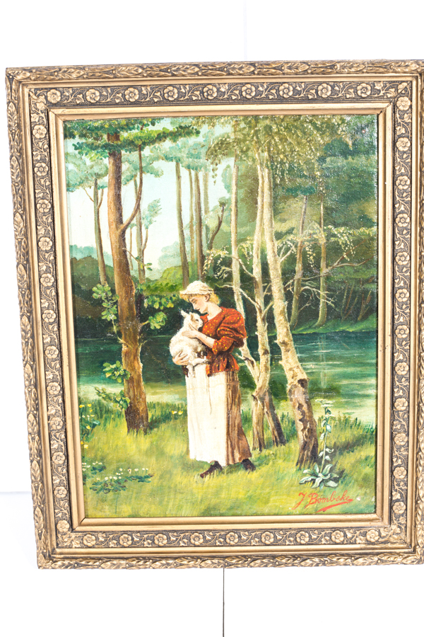 Oil Painting on Canvas of a Young Woman with a Lamb