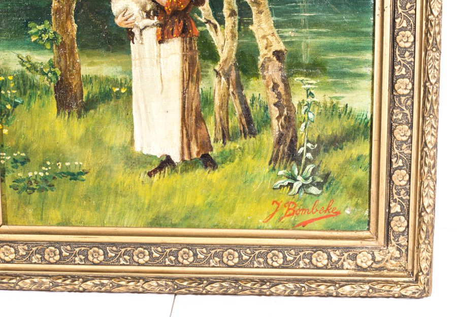 Oil Painting on Canvas of a Young Woman with a Lamb